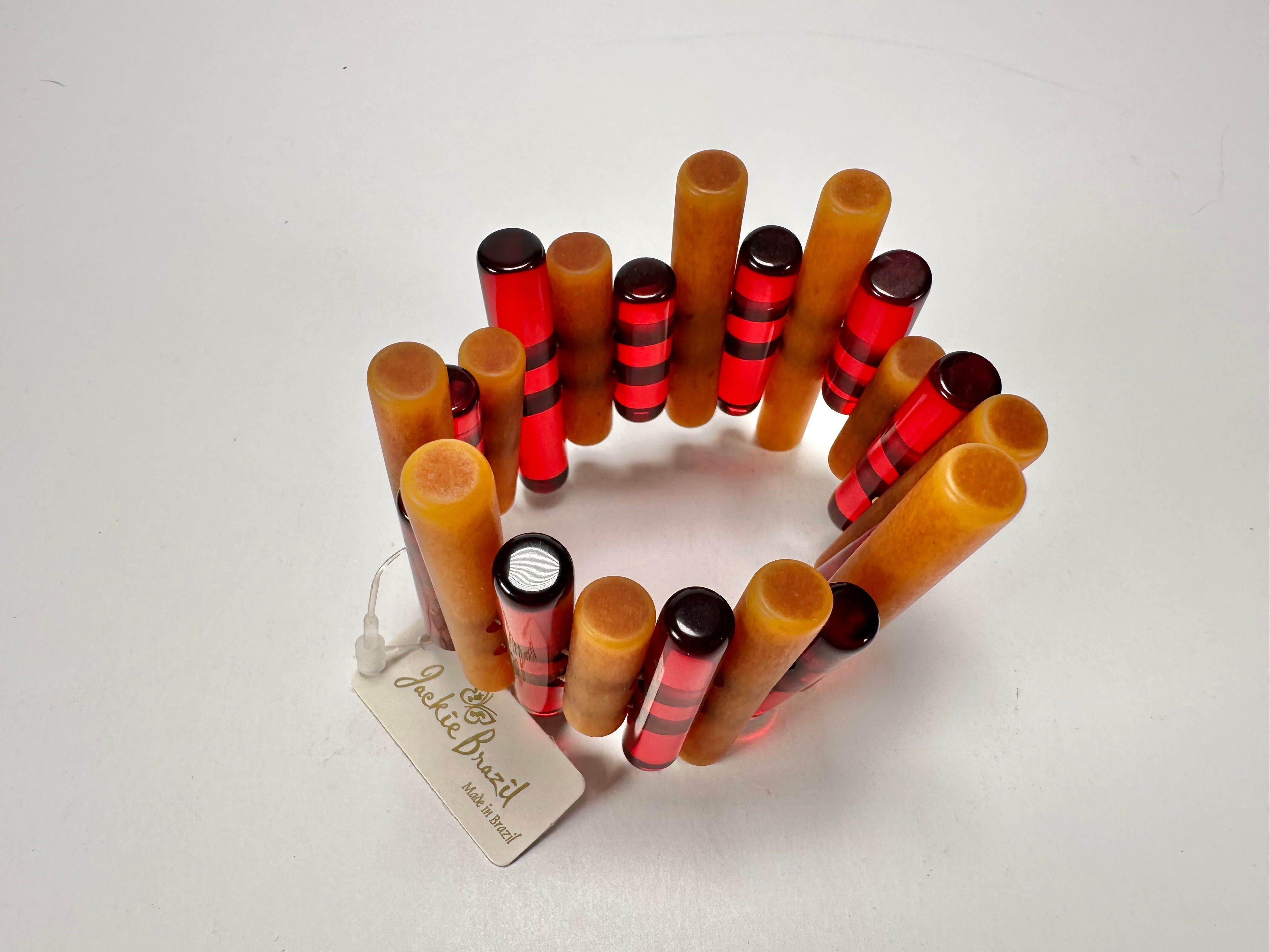 Jackie Brazil "Pipas" Thin Mix Tortoise & Prada Cylinders Resin Bracelet ( B2198 )