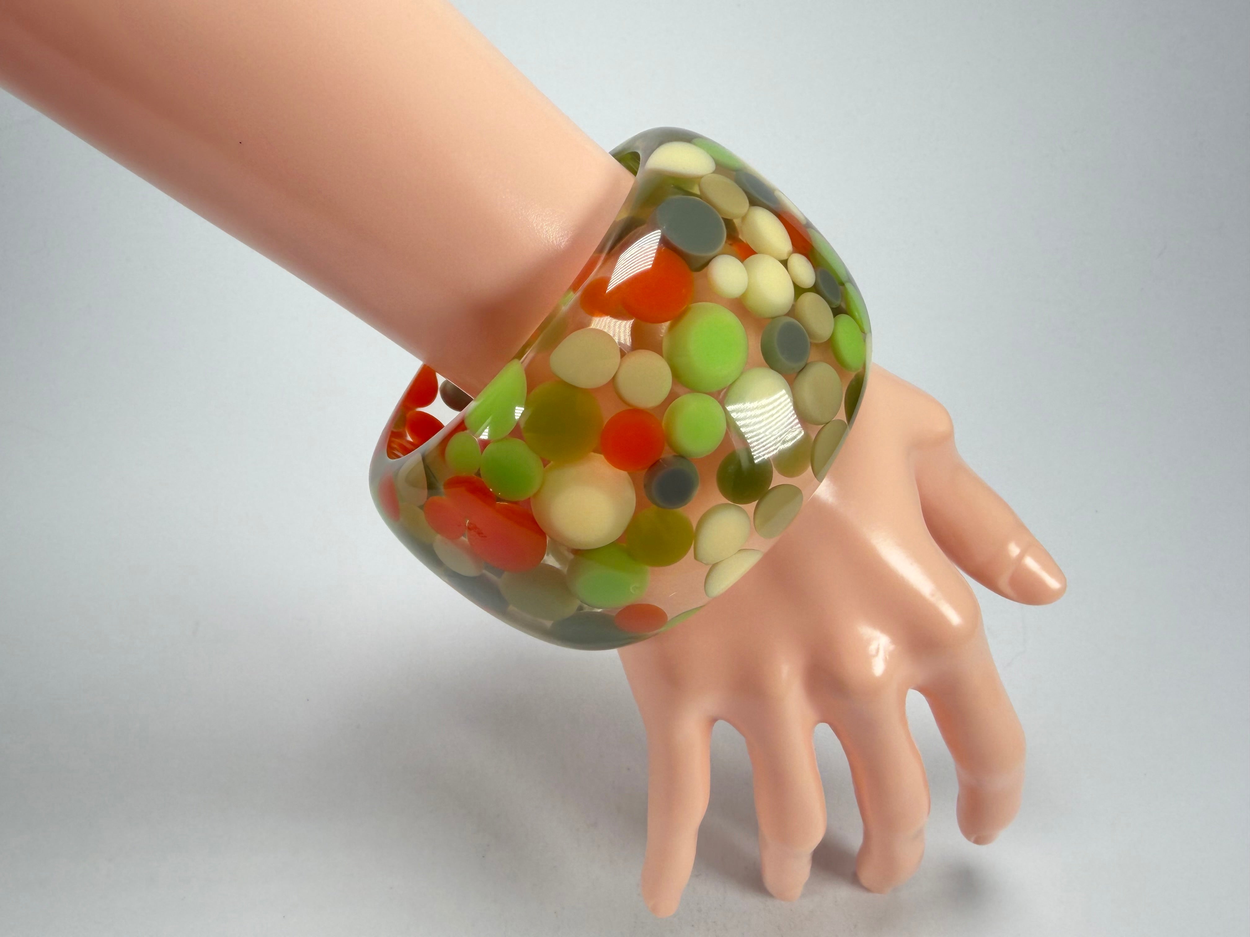 Jackie Brazil "Petit Balls" Green Mix Spots Solid Round Resin 5cm Bangle ( B2521 )