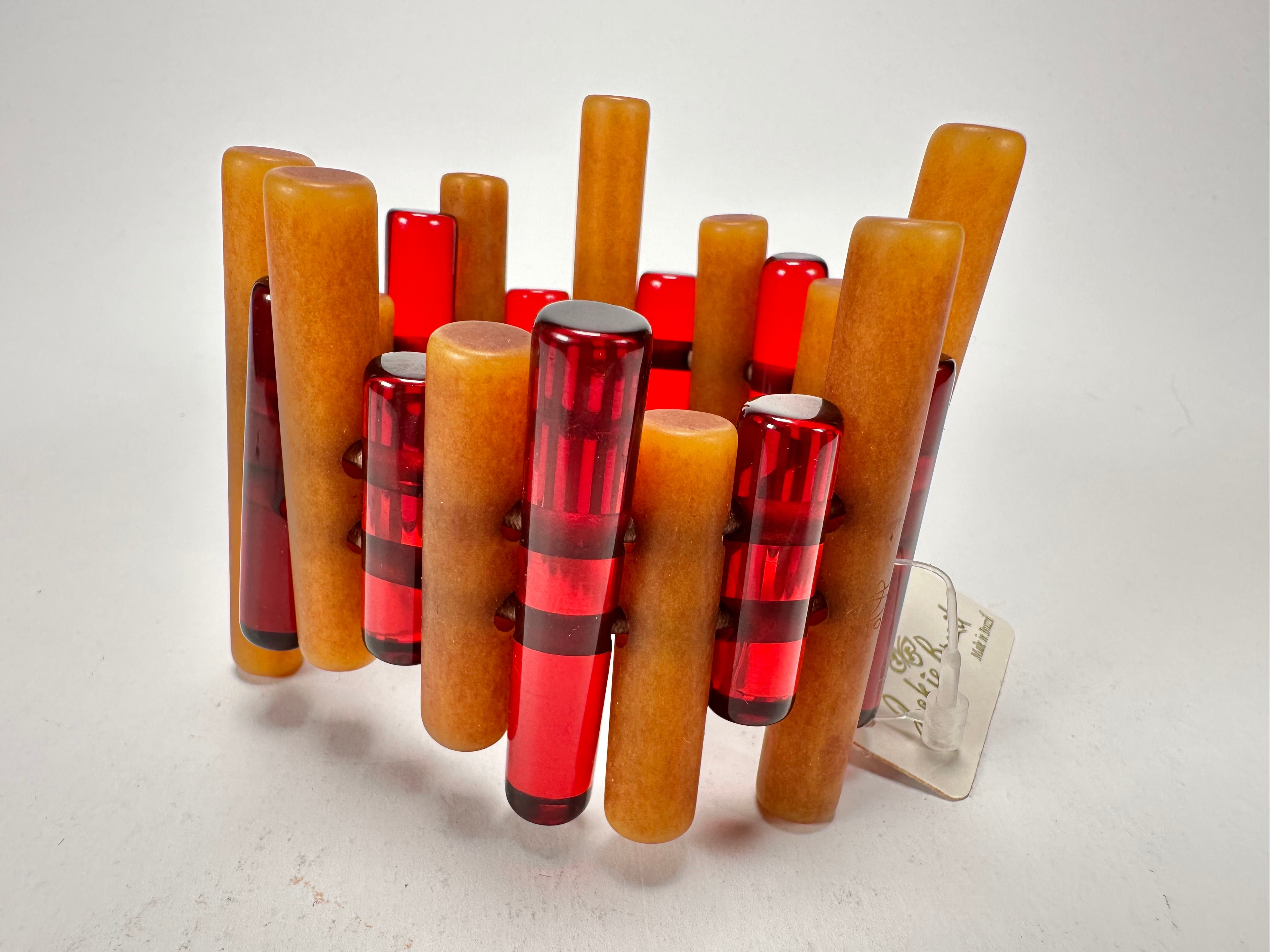 Jackie Brazil "Pipas" Thin Mix Tortoise & Prada Cylinders Resin Bracelet ( B2198 )