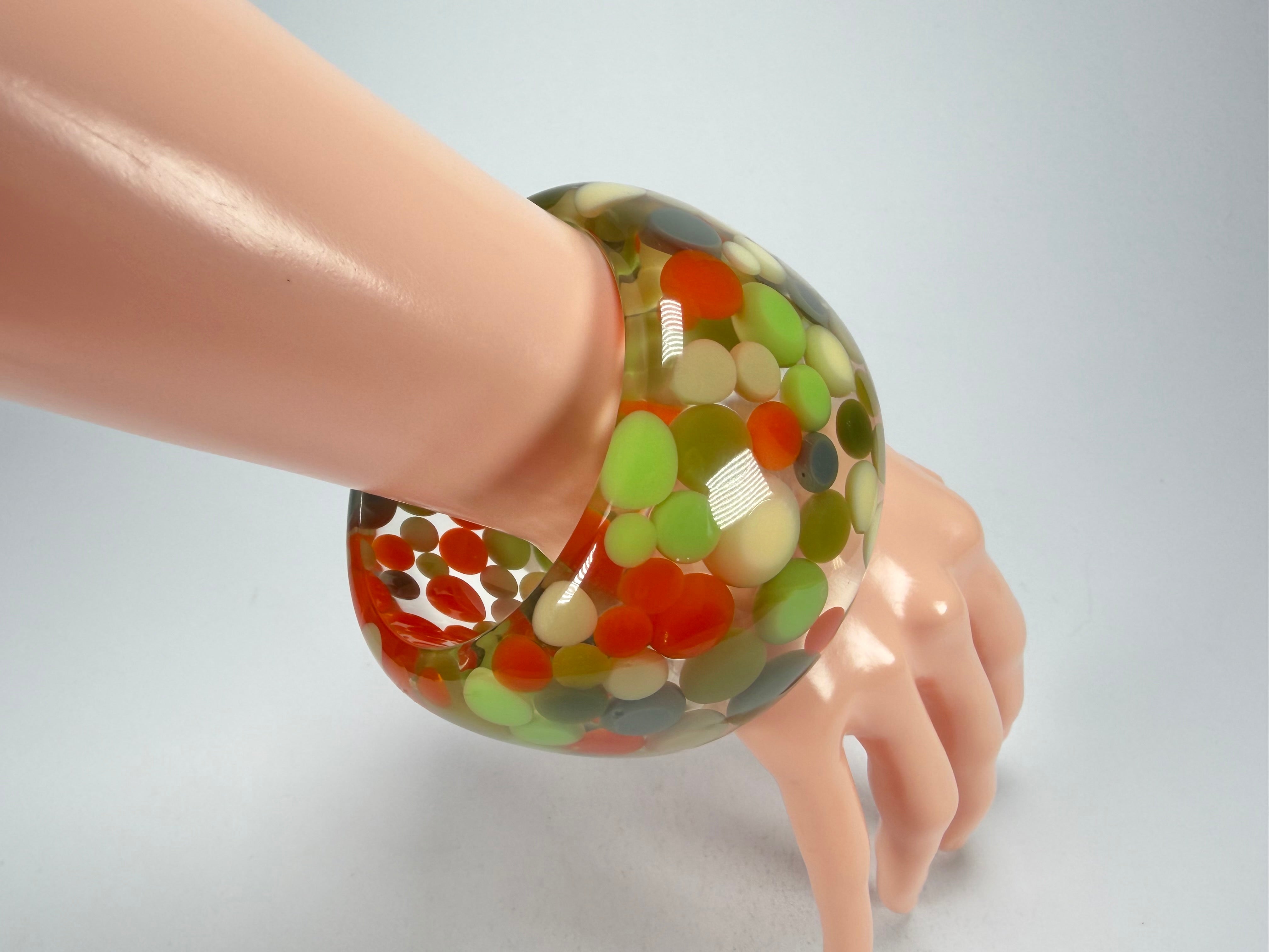 Jackie Brazil "Petit Balls" Green Mix Spots Solid Round Resin 5cm Bangle ( B2521 )