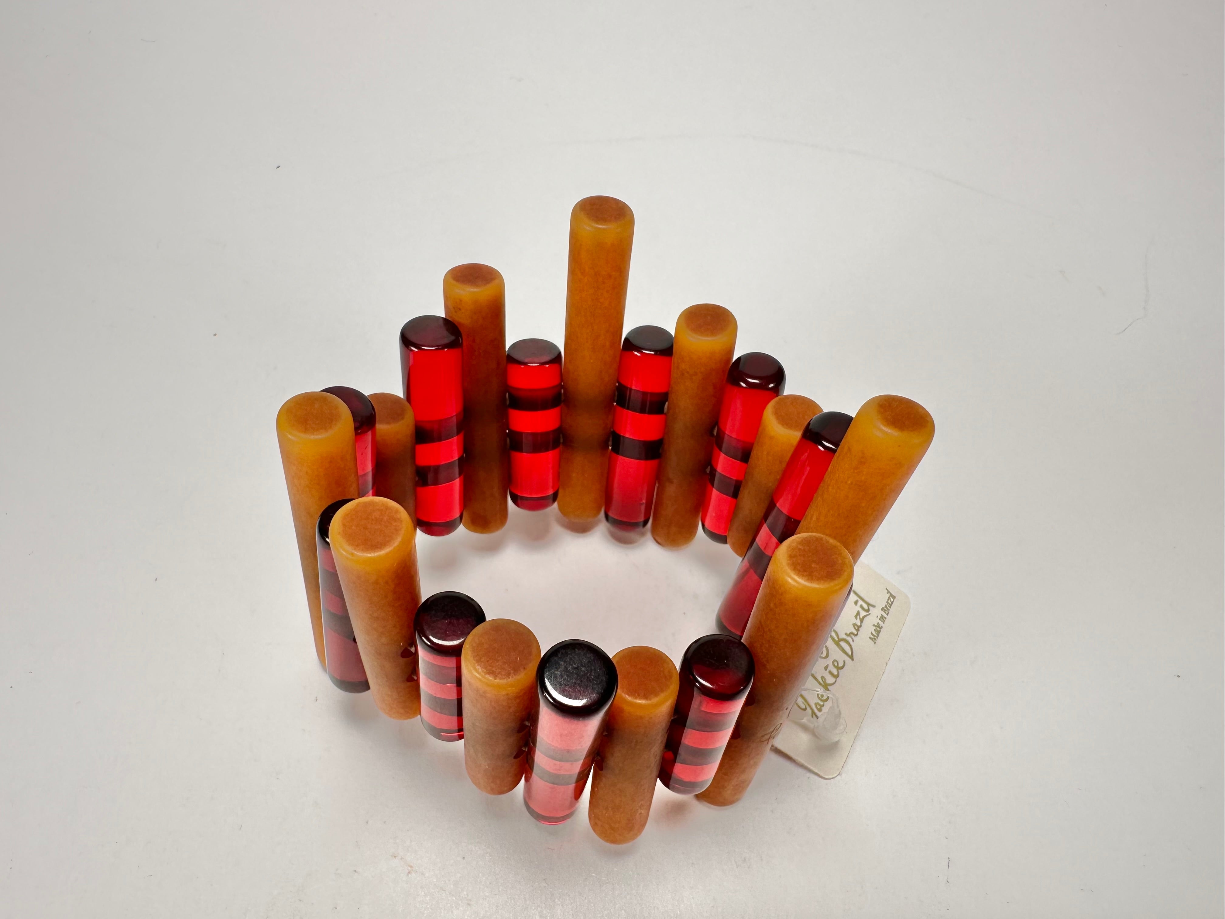 Jackie Brazil "Pipas" Thin Mix Tortoise & Prada Cylinders Resin Bracelet ( B2198 )