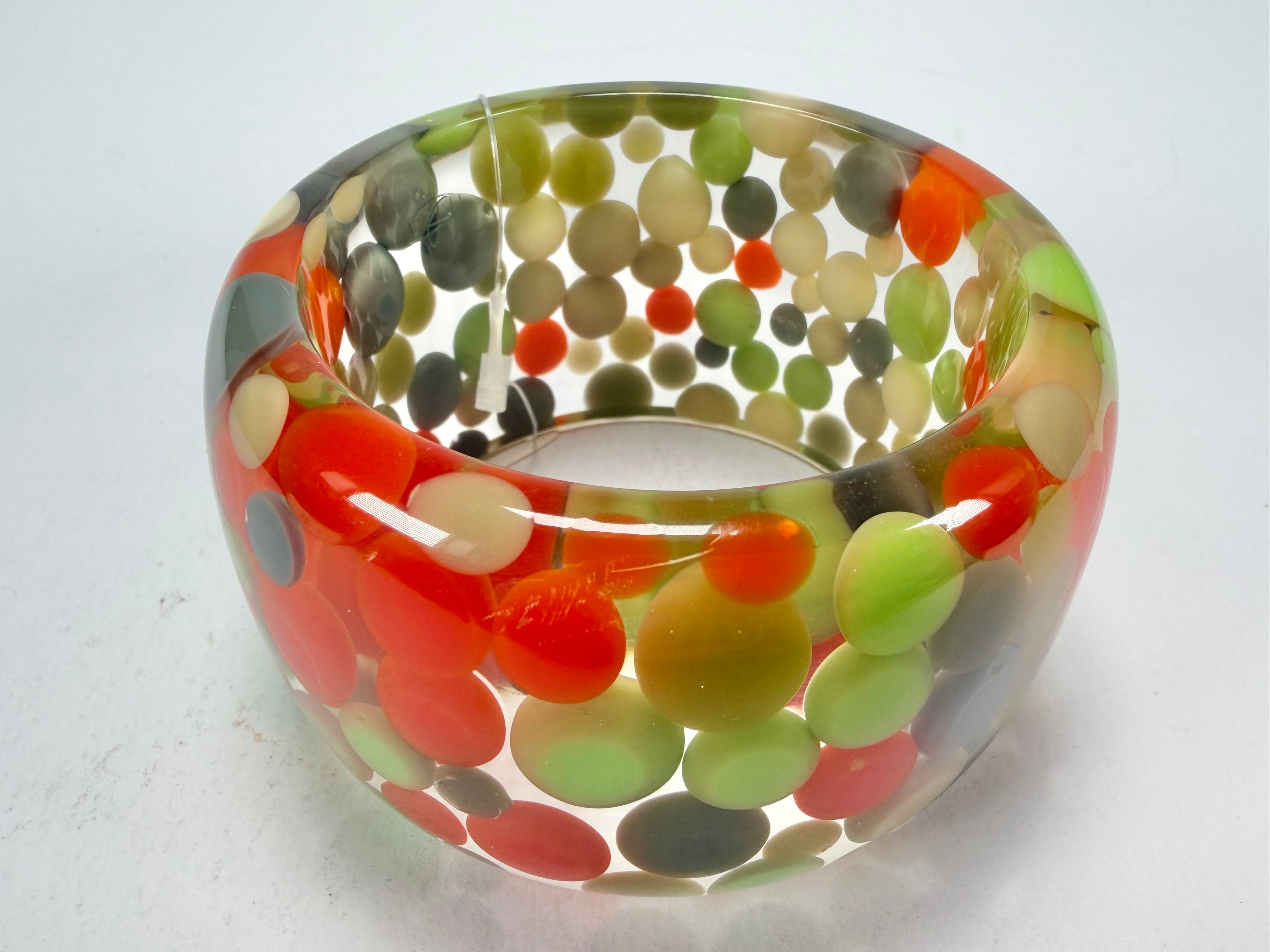 Jackie Brazil "Petit Balls" Green Mix Spots Solid Round Resin 5cm Bangle ( B2521 )