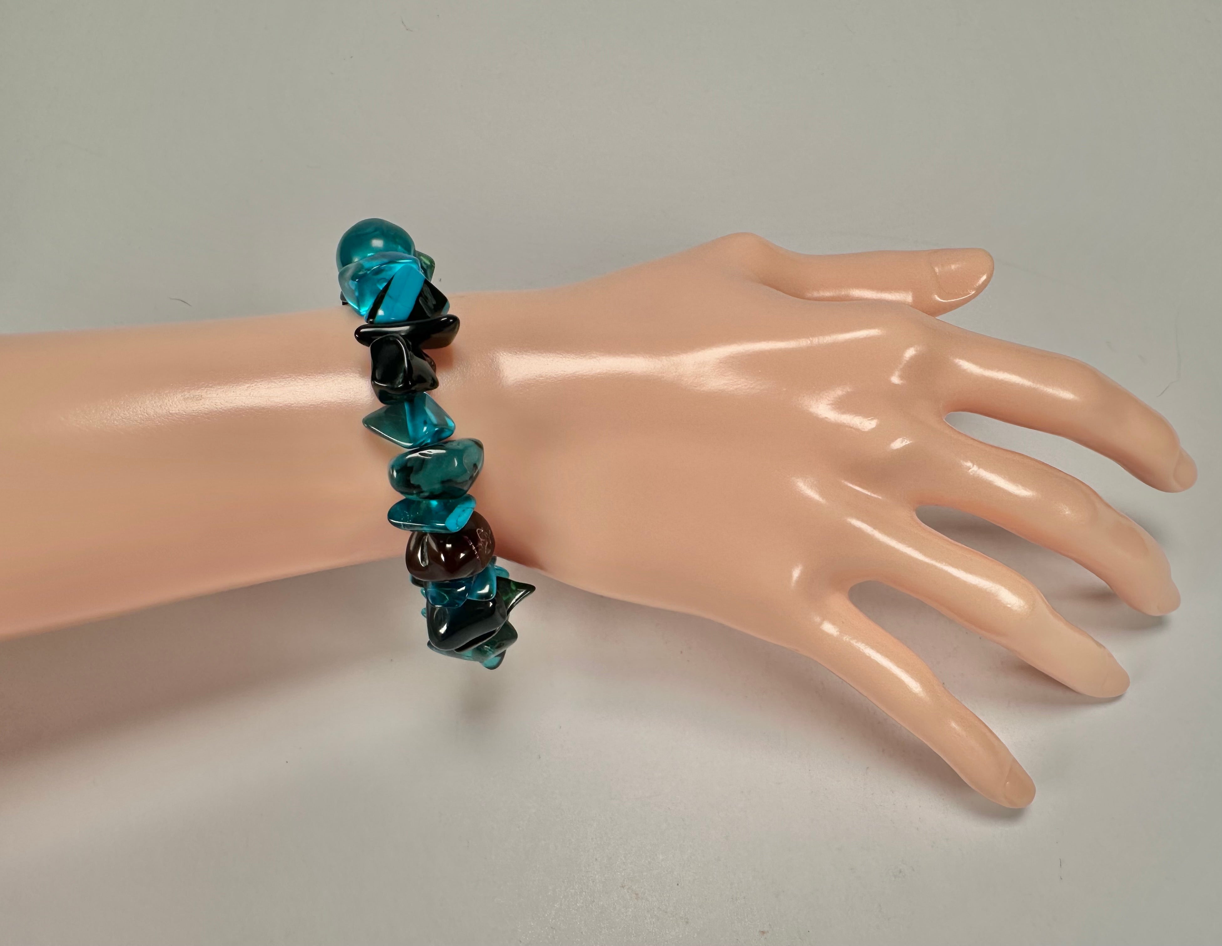 Jackie Brazil "Orient Express" 1 Strand Small Light Blue Mix Beads on Elastic Resin Bracelet ( B3547 )