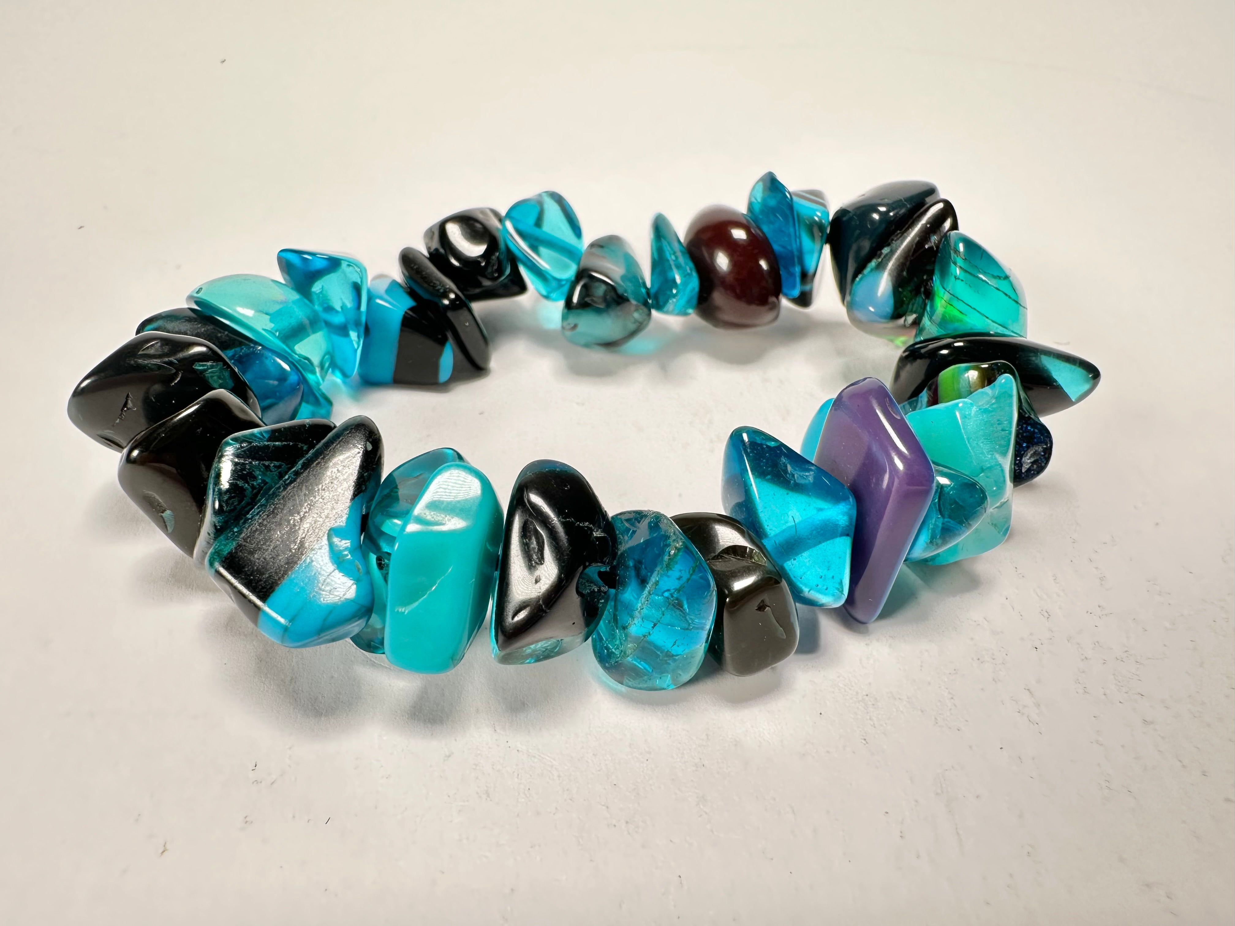 Jackie Brazil "Orient Express" 1 Strand Small Light Blue Mix Beads on Elastic Resin Bracelet ( B3547 )