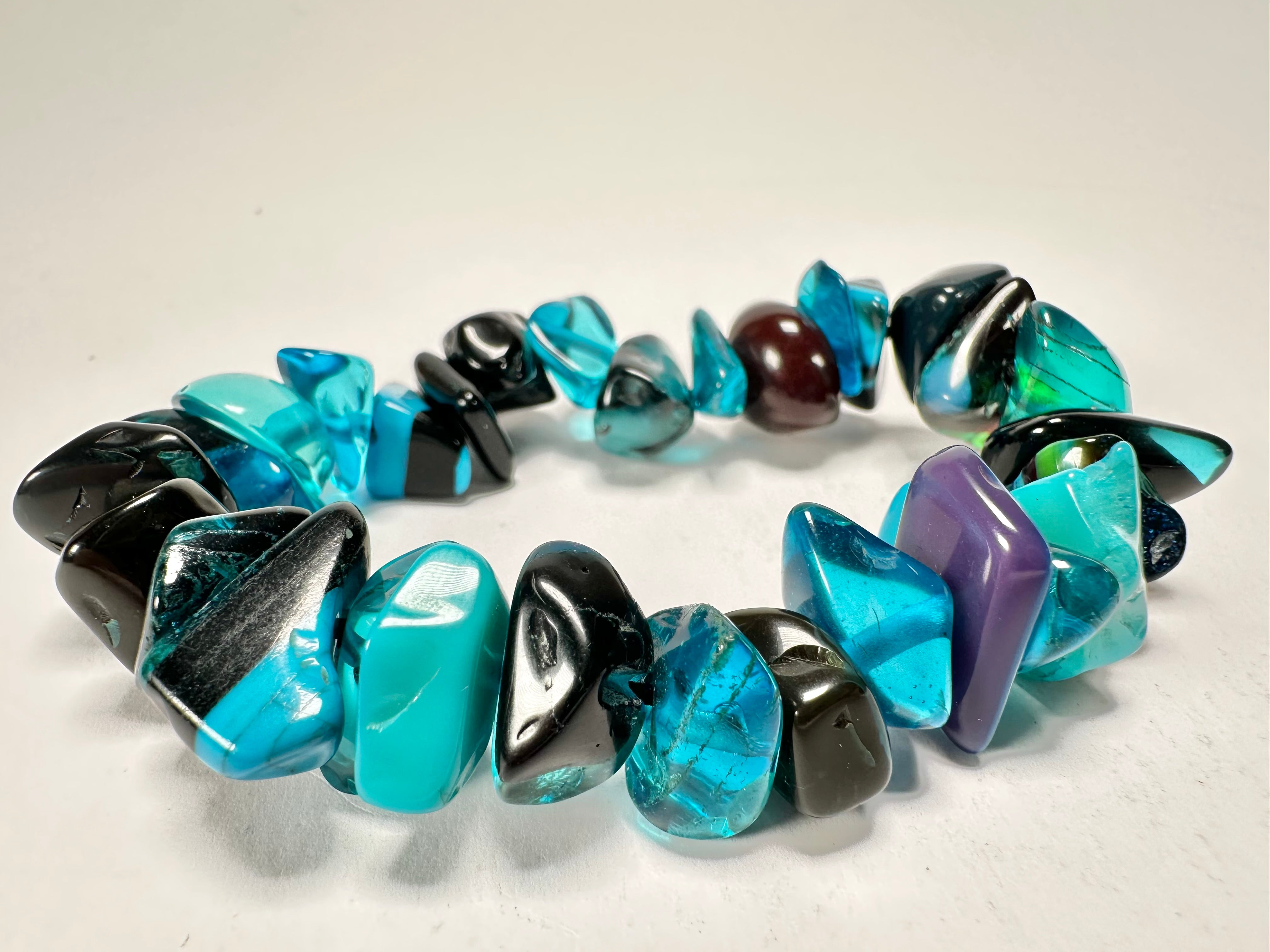 Jackie Brazil "Orient Express" 1 Strand Small Light Blue Mix Beads on Elastic Resin Bracelet ( B3547 )