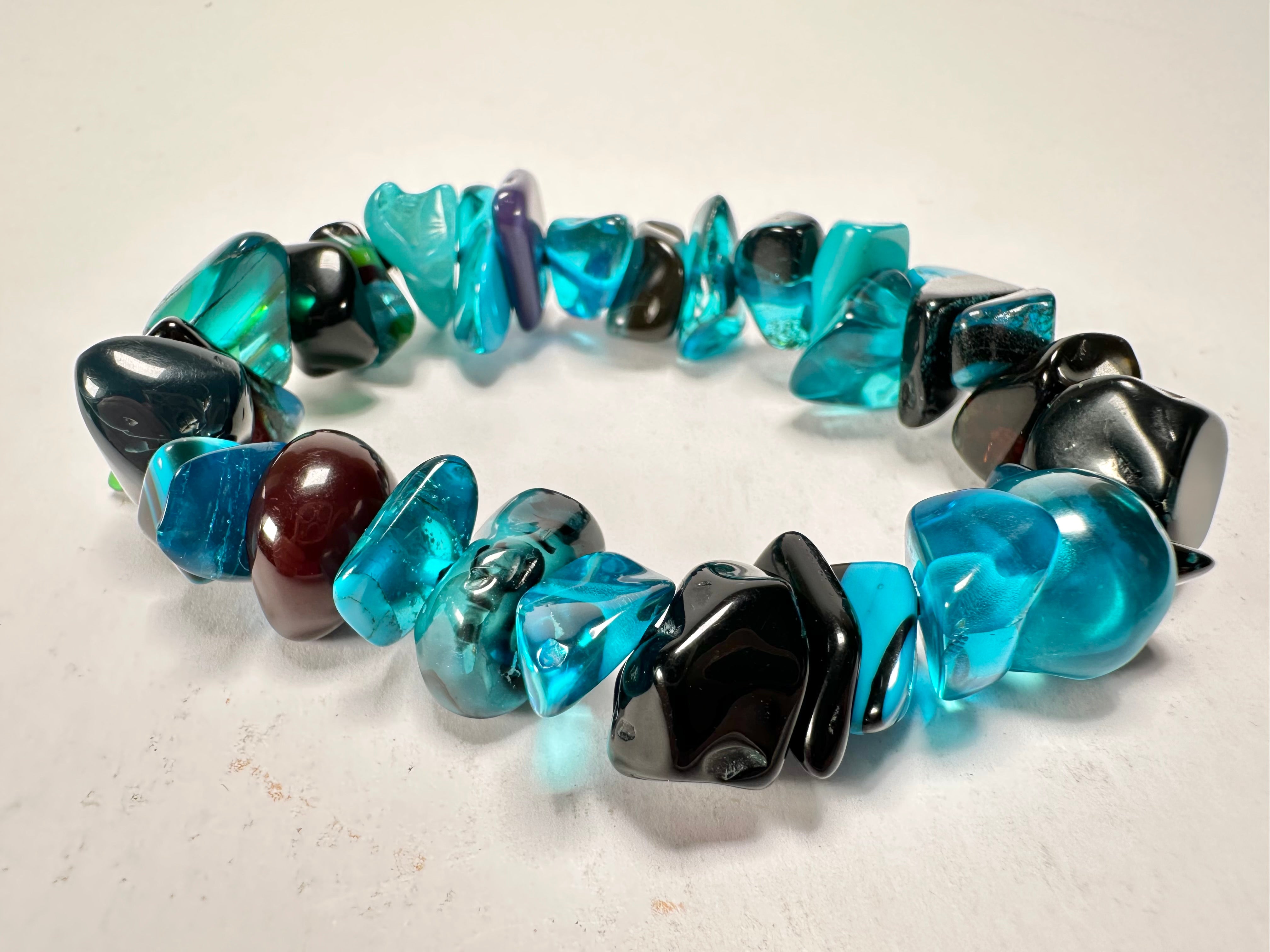 Jackie Brazil "Orient Express" 1 Strand Small Light Blue Mix Beads on Elastic Resin Bracelet ( B3547 )