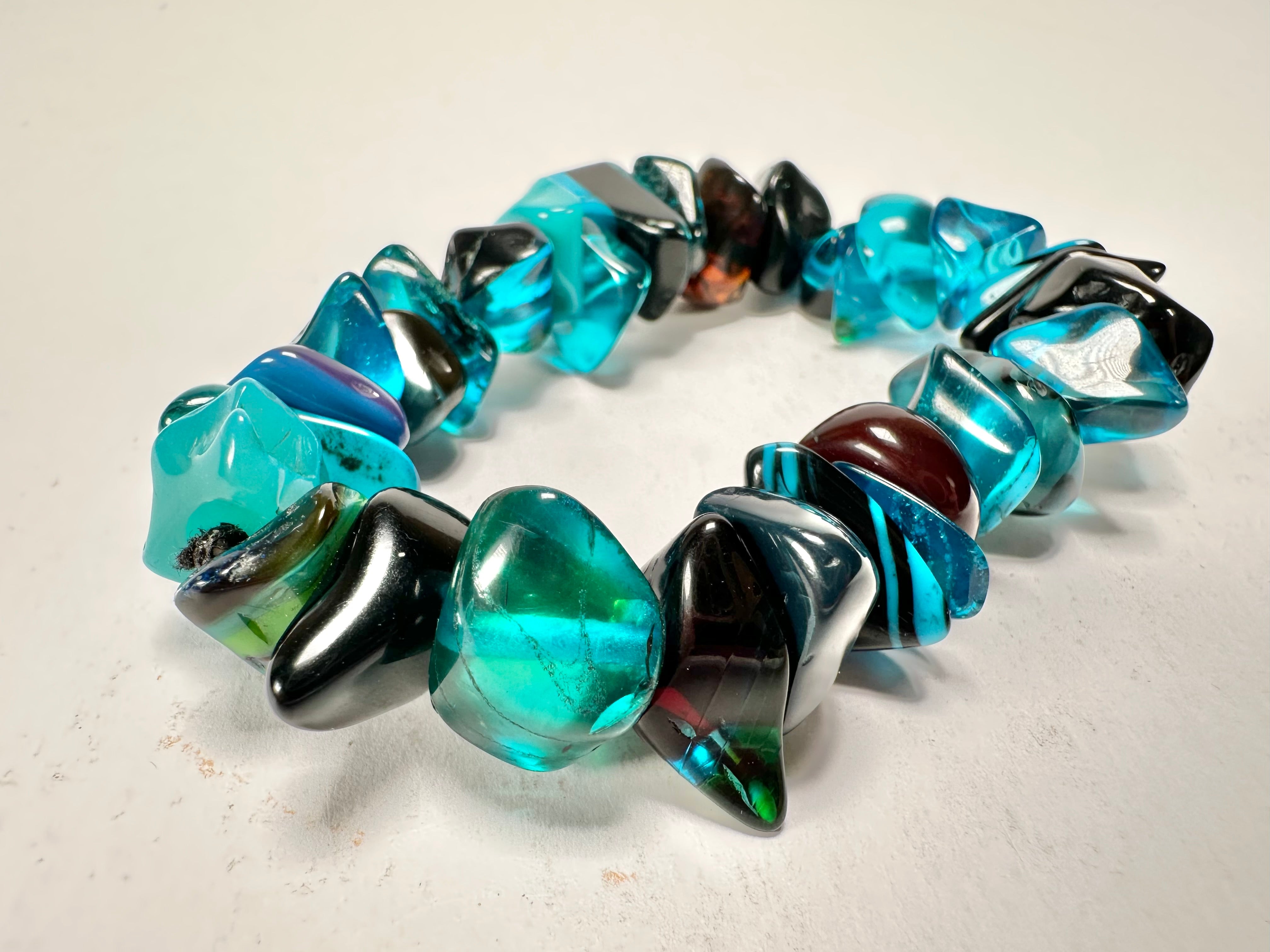 Jackie Brazil "Orient Express" 1 Strand Small Light Blue Mix Beads on Elastic Resin Bracelet ( B3547 )