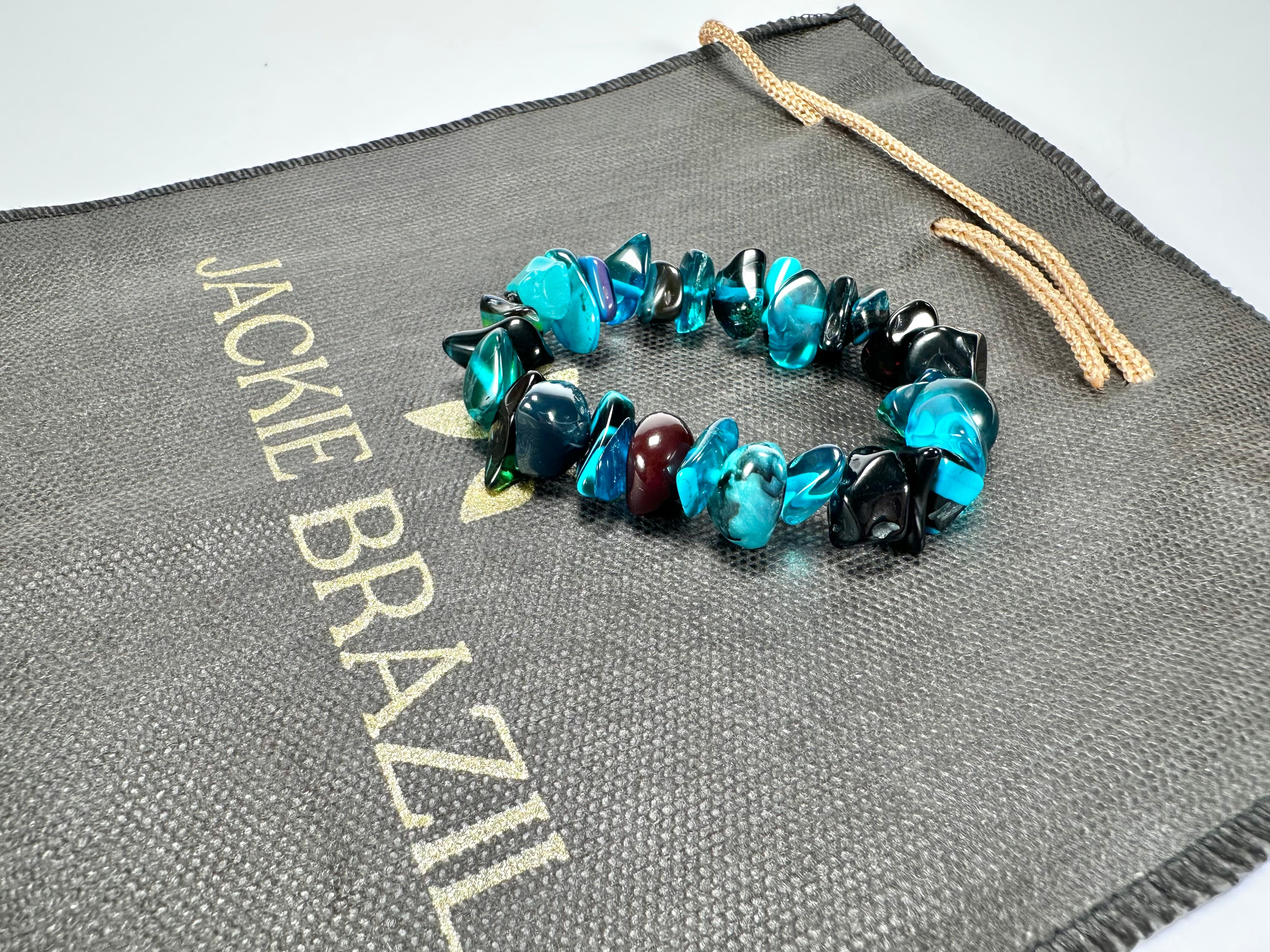 Jackie Brazil "Orient Express" 1 Strand Small Light Blue Mix Beads on Elastic Resin Bracelet ( B3547 )