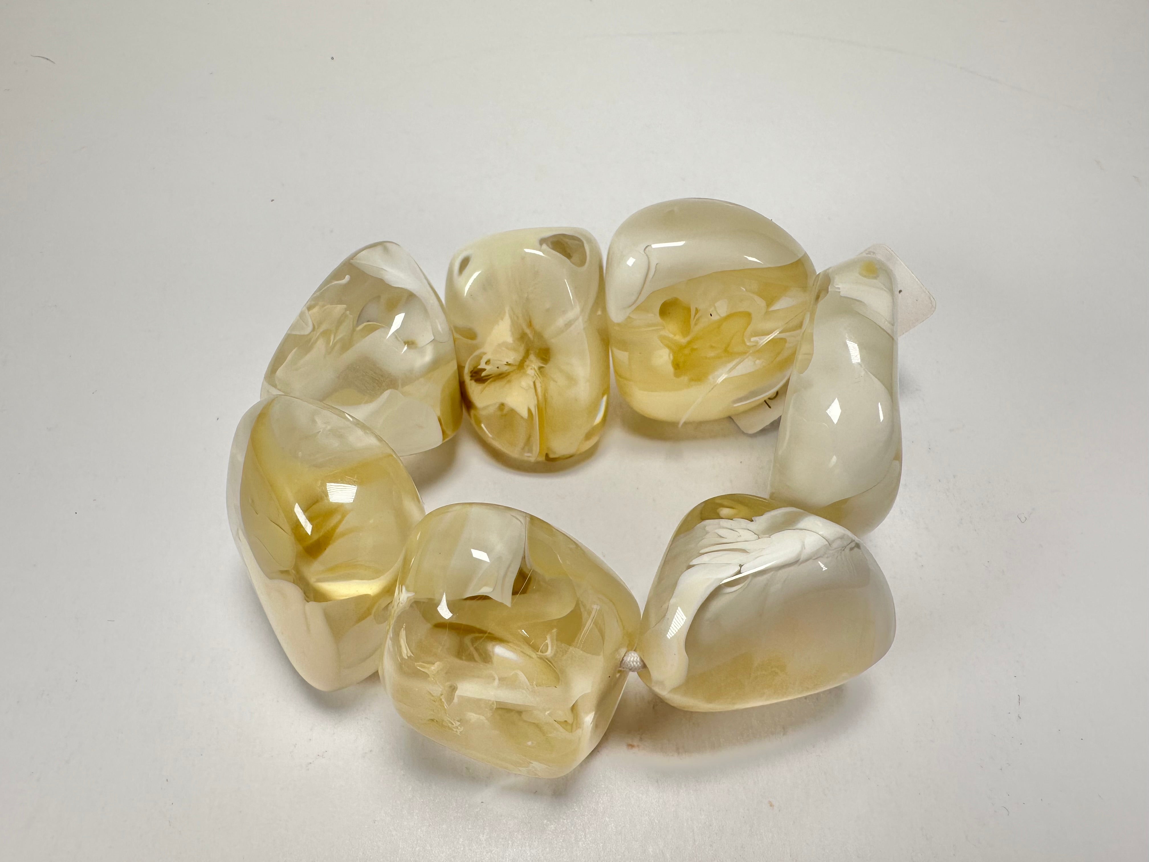 Jackie Brazil "Vesubio" Large Cusco Stones Cream Marble Elasticated Bracelet ( B1613 )