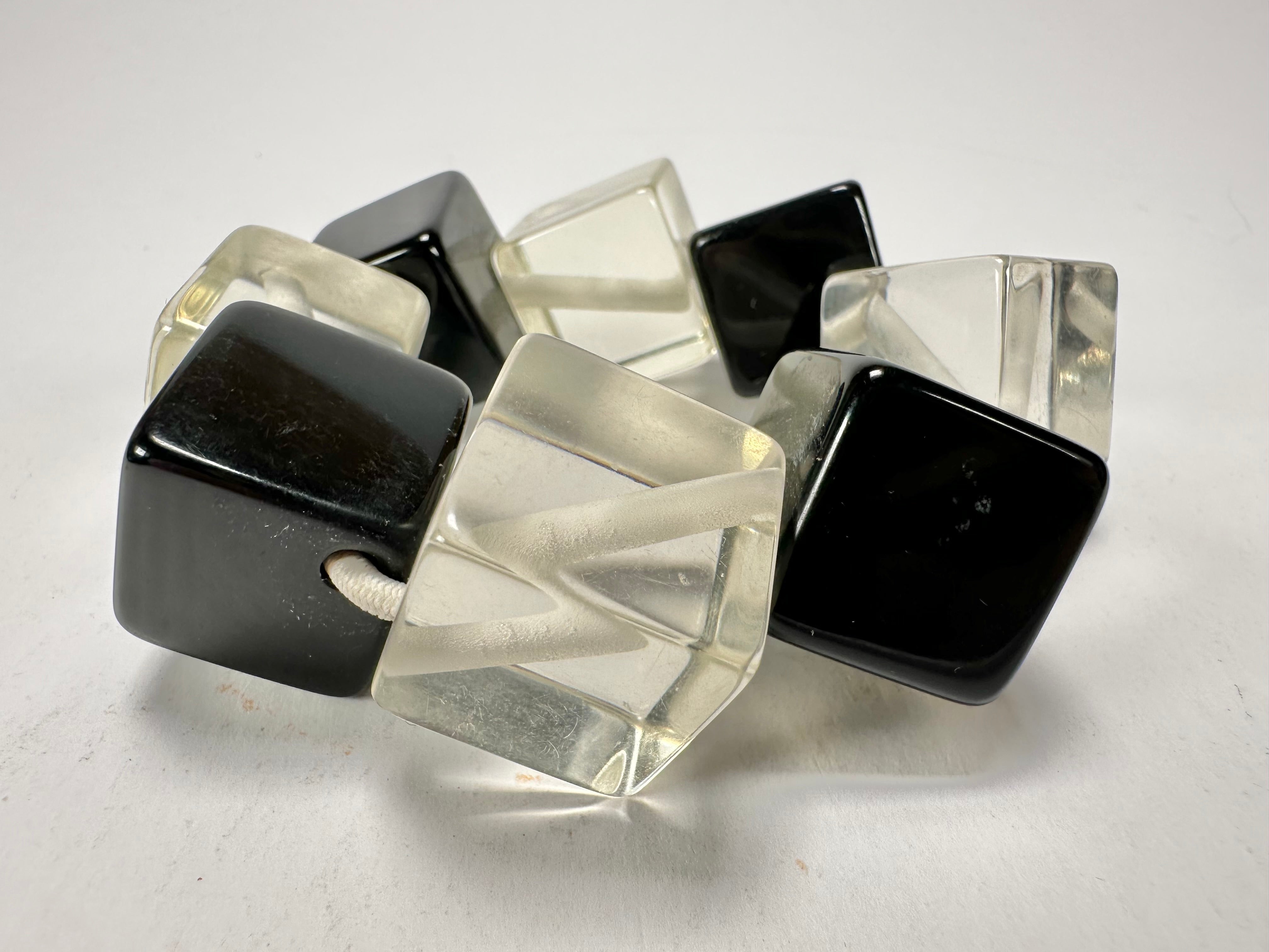 Jackie Brazil "Titan" Galactic Black & Clear Square Cubes On Elastic Resin Bracelet ( B2602 )