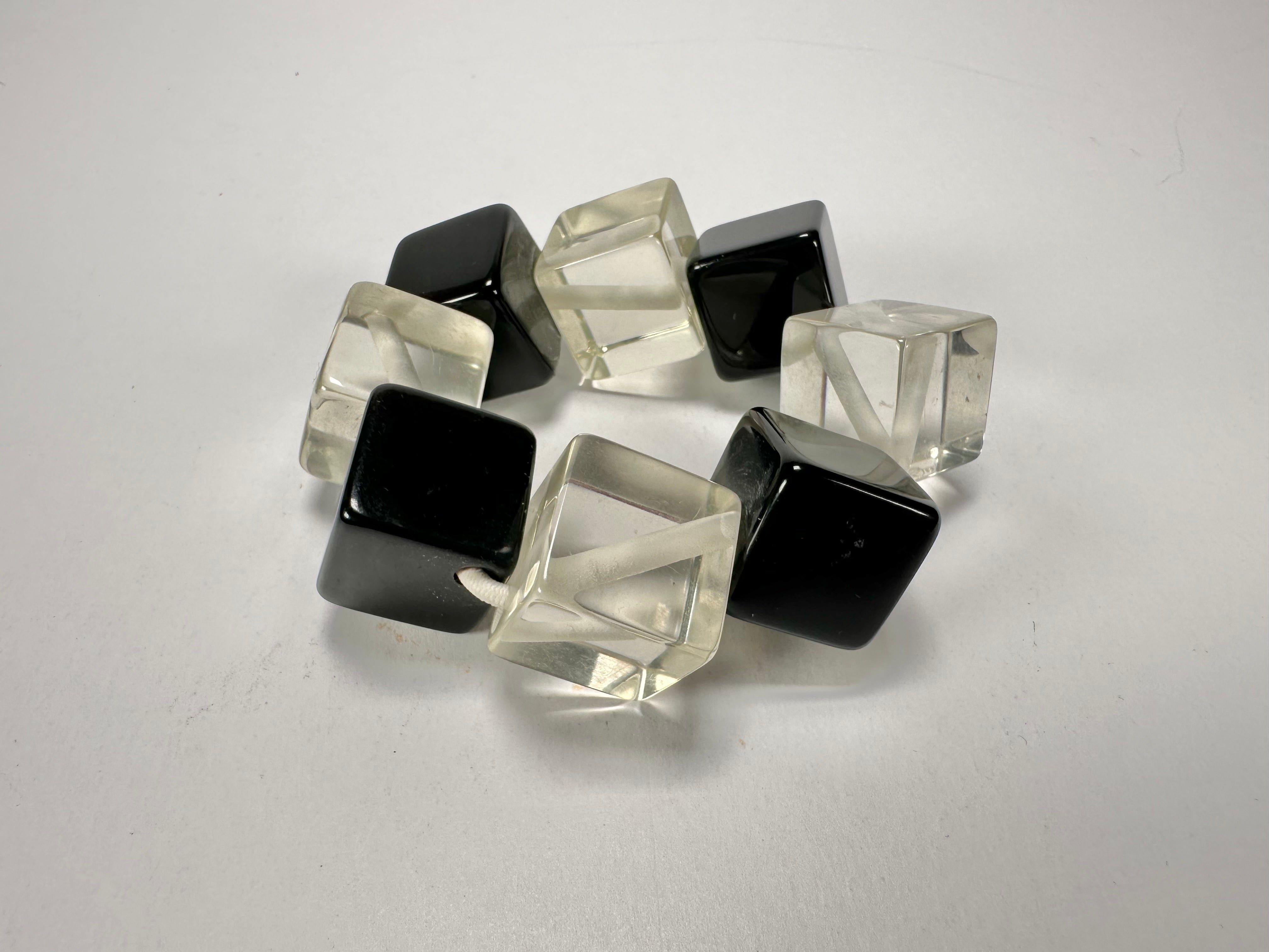 Jackie Brazil "Titan" Galactic Black & Clear Square Cubes On Elastic Resin Bracelet ( B2602 )