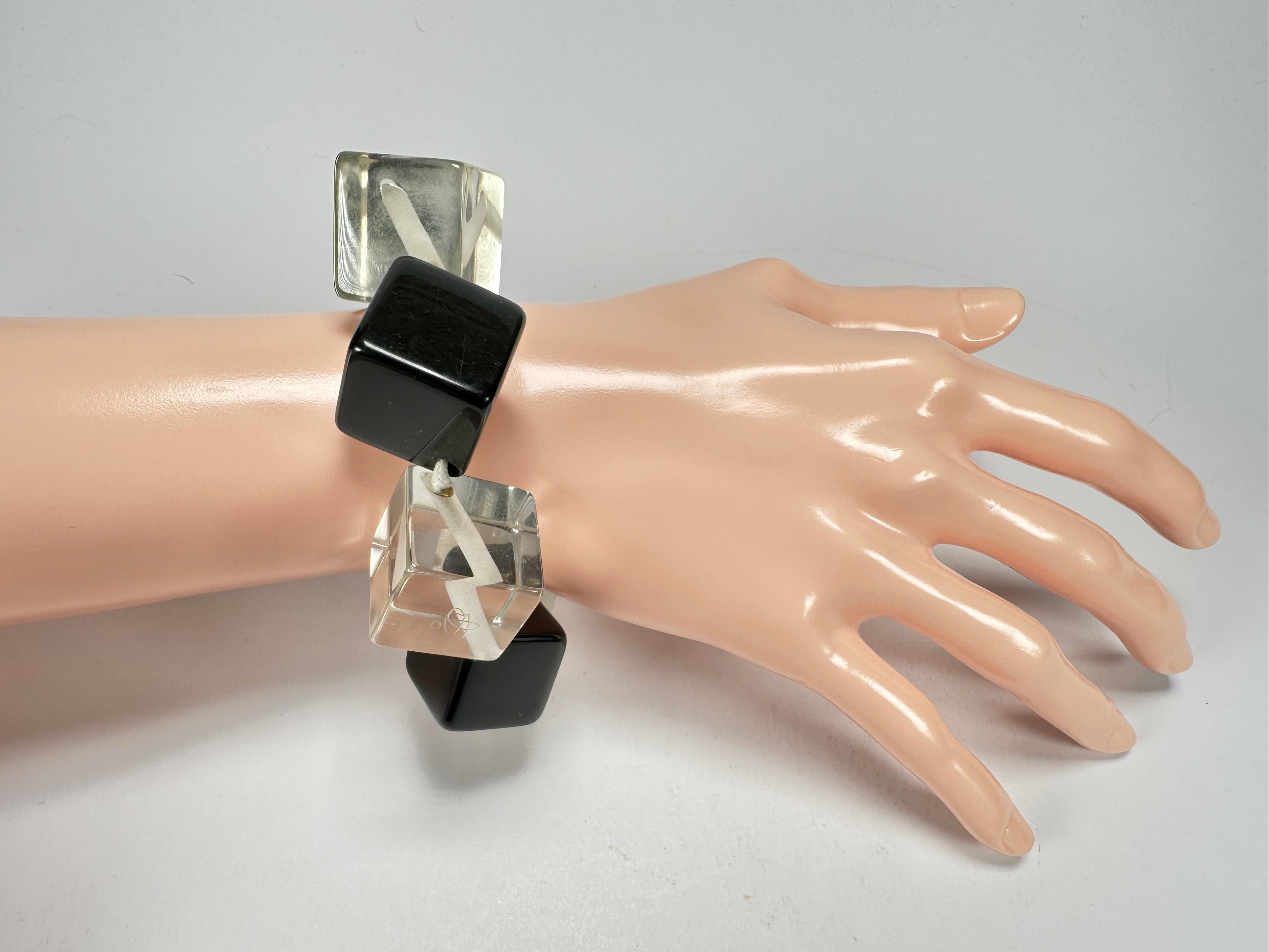 Jackie Brazil "Titan" Galactic Black & Clear Square Cubes On Elastic Resin Bracelet ( B2602 )
