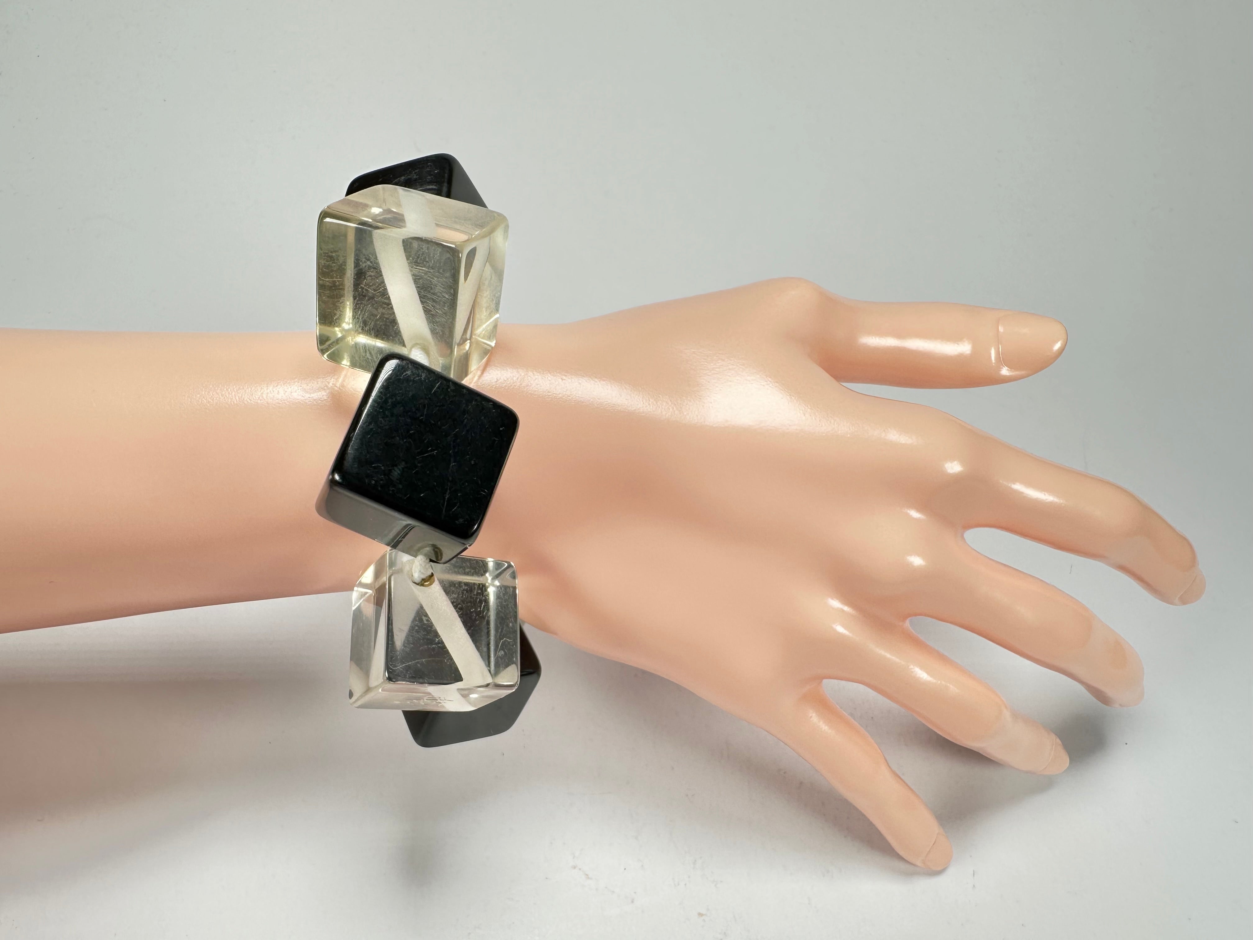Jackie Brazil "Titan" Galactic Black & Clear Square Cubes On Elastic Resin Bracelet ( B2602 )