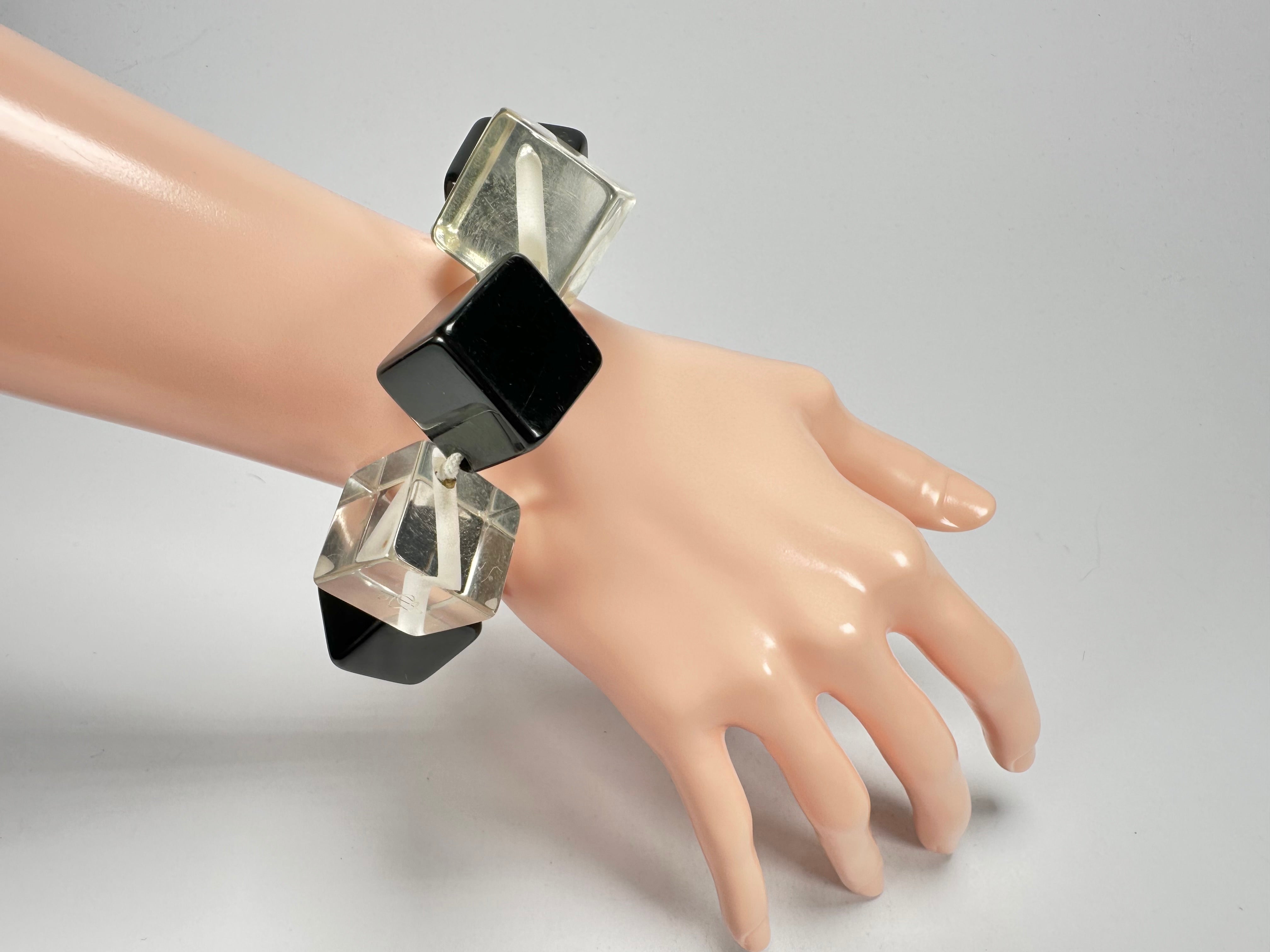 Jackie Brazil "Titan" Galactic Black & Clear Square Cubes On Elastic Resin Bracelet ( B2602 )