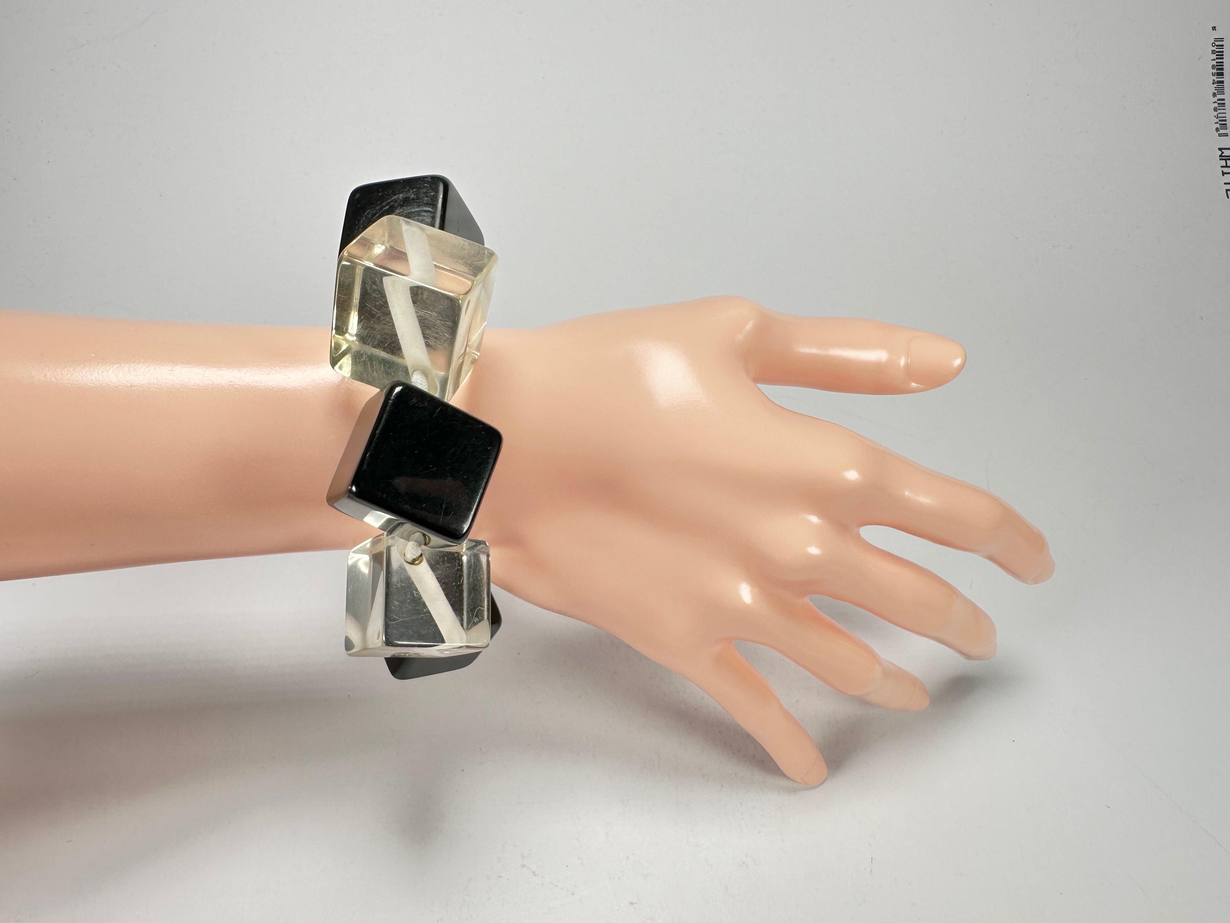 Jackie Brazil "Titan" Galactic Black & Clear Square Cubes On Elastic Resin Bracelet ( B2602 )