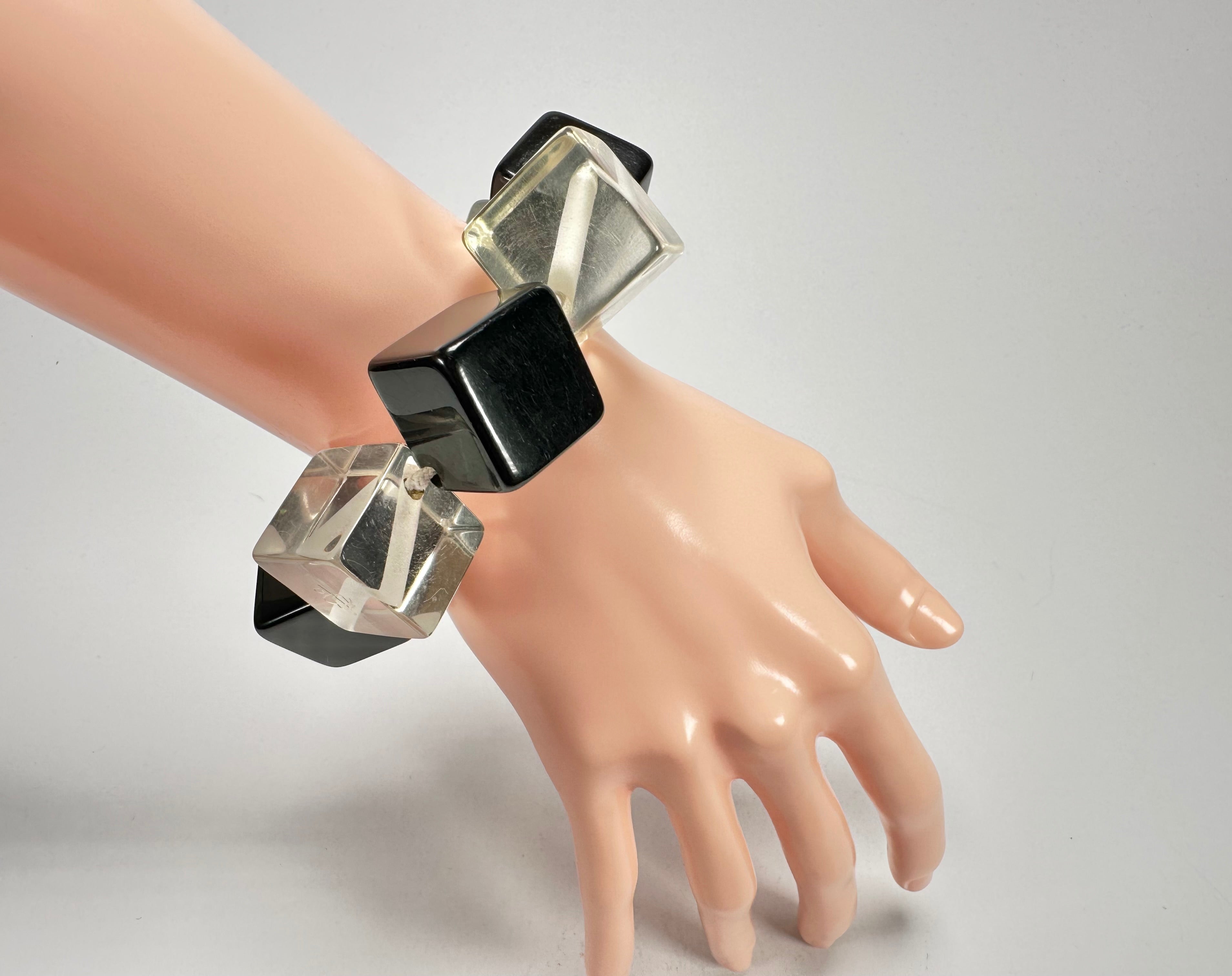 Jackie Brazil "Titan" Galactic Black & Clear Square Cubes On Elastic Resin Bracelet ( B2602 )