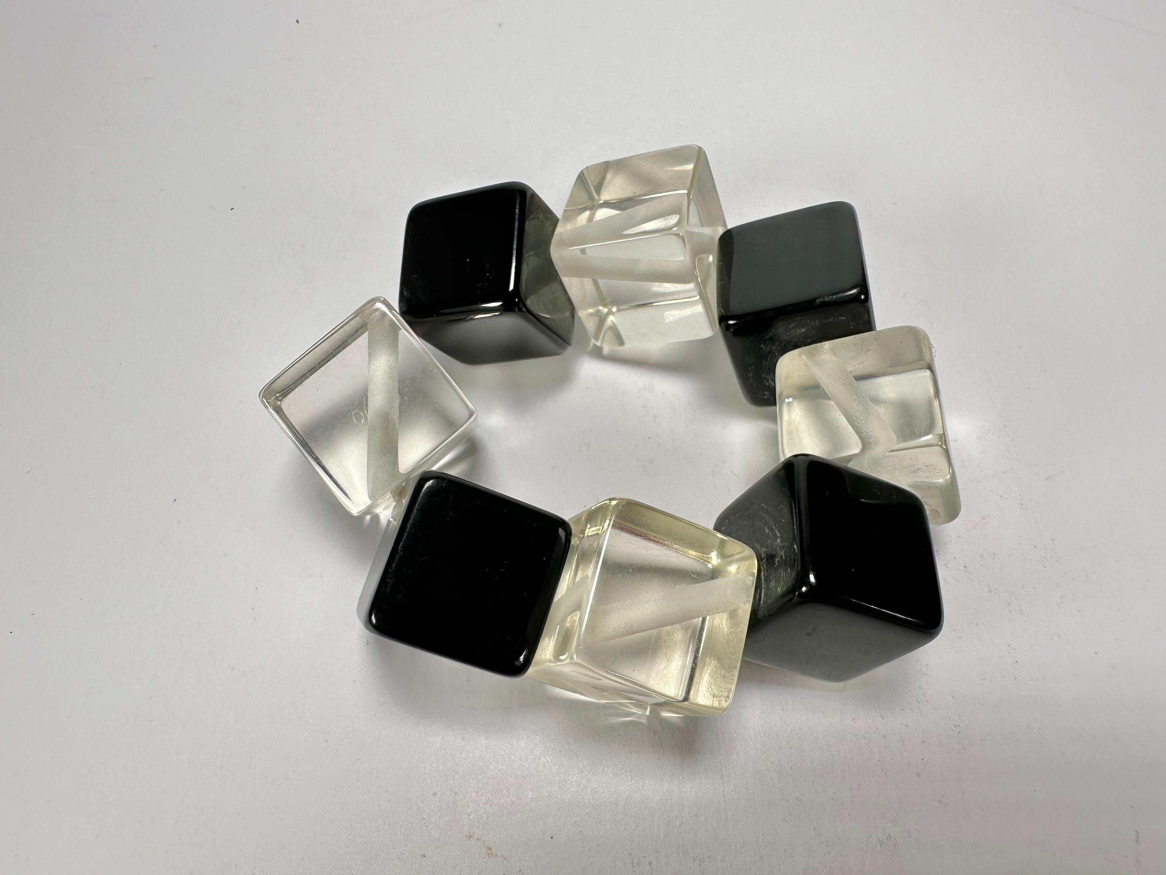 Jackie Brazil "Titan" Galactic Black & Clear Square Cubes On Elastic Resin Bracelet ( B2602 )