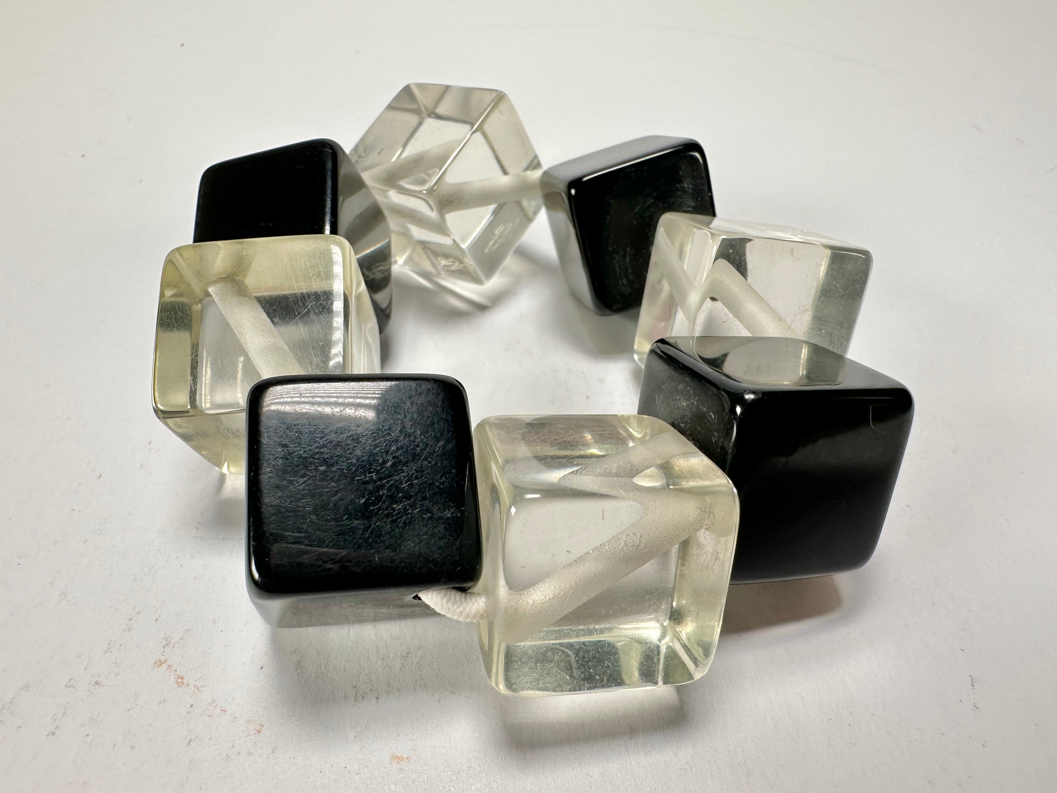 Jackie Brazil "Titan" Galactic Black & Clear Square Cubes On Elastic Resin Bracelet ( B2602 )