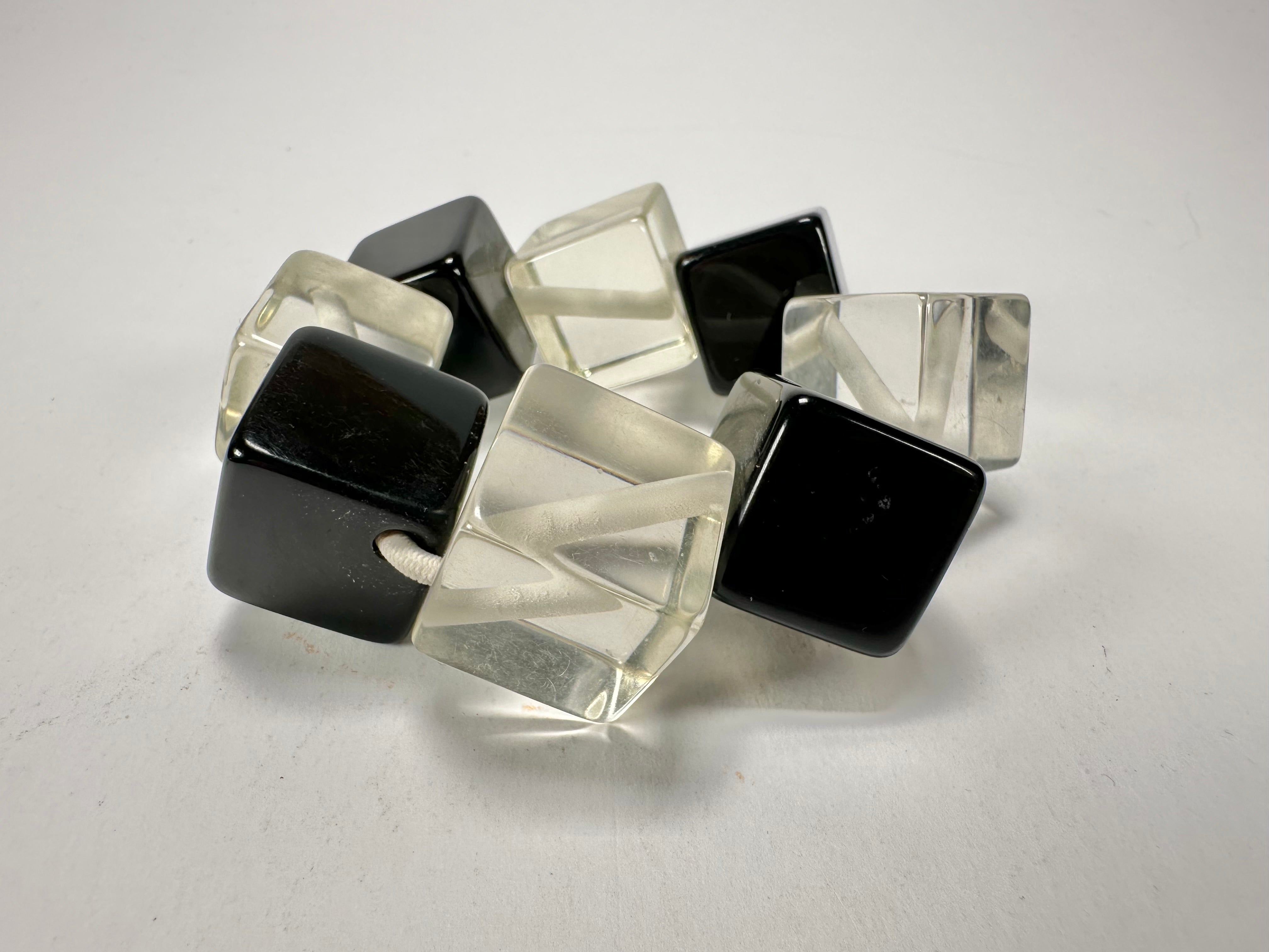 Jackie Brazil "Titan" Galactic Black & Clear Square Cubes On Elastic Resin Bracelet ( B2602 )