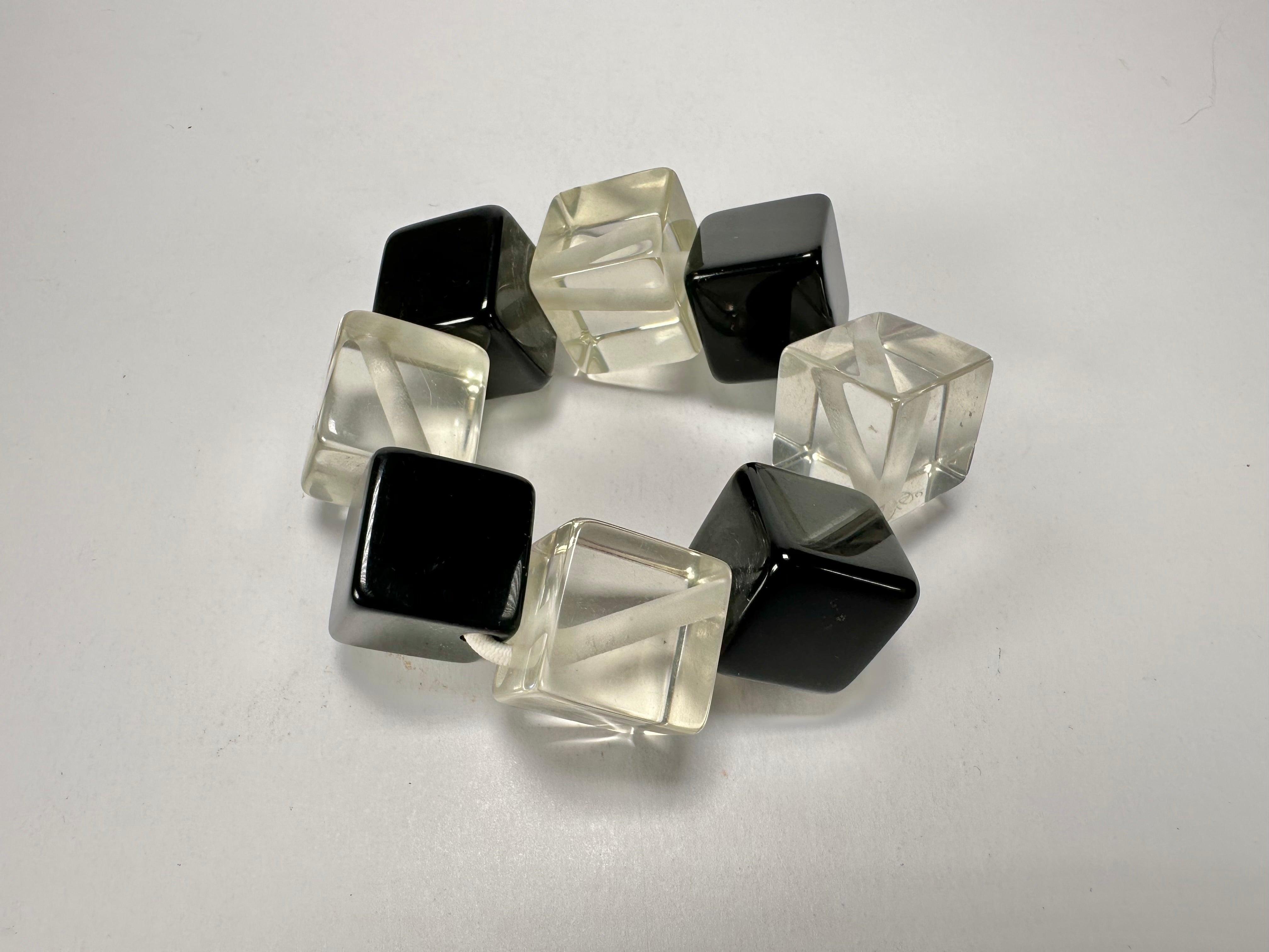 Jackie Brazil "Titan" Galactic Black & Clear Square Cubes On Elastic Resin Bracelet ( B2602 )