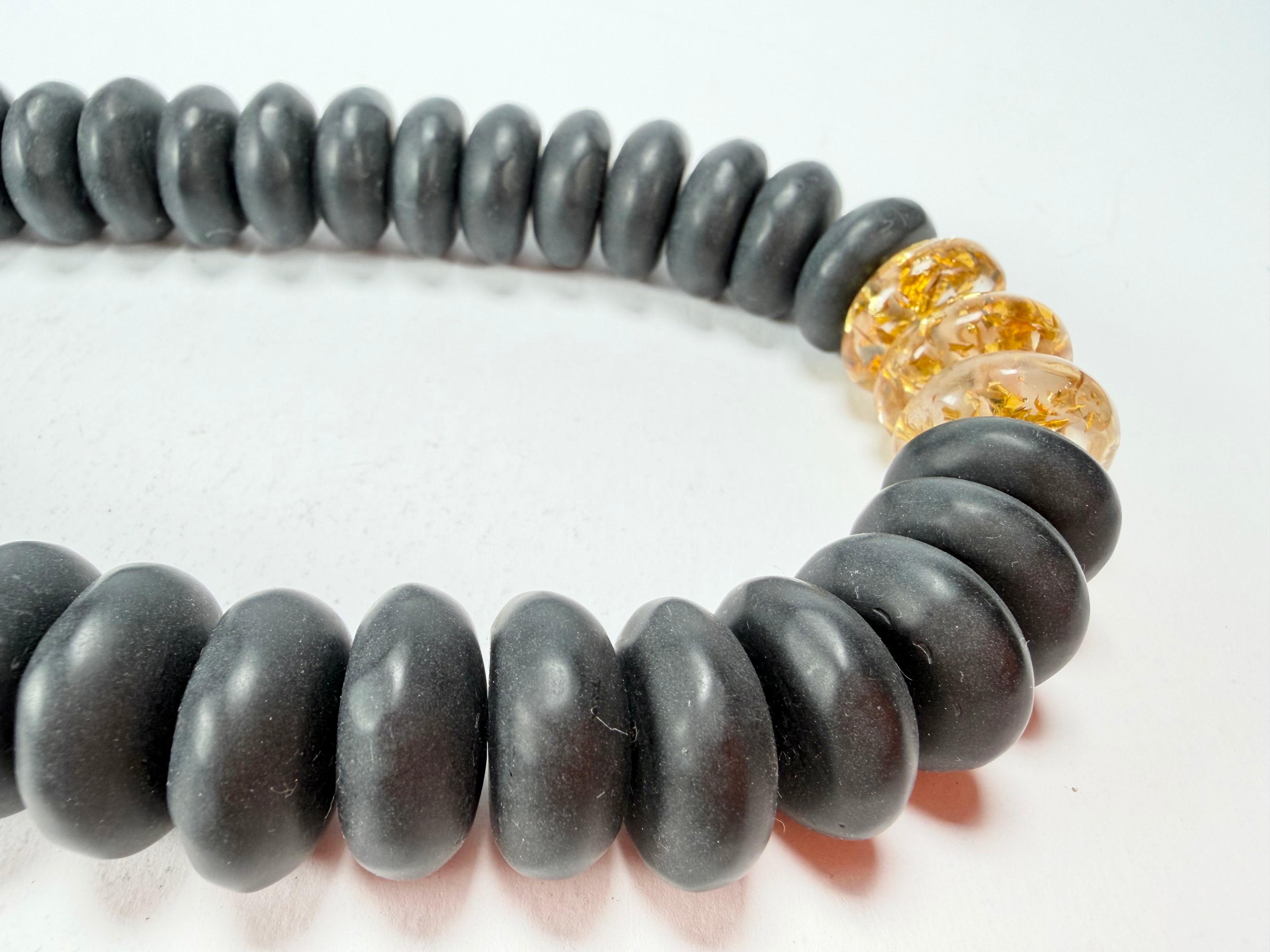 Jackie Brazil "Bela" Black Matt & Gold Flakes Resin Mini Wheels 50cm Necklace ( N0041 )