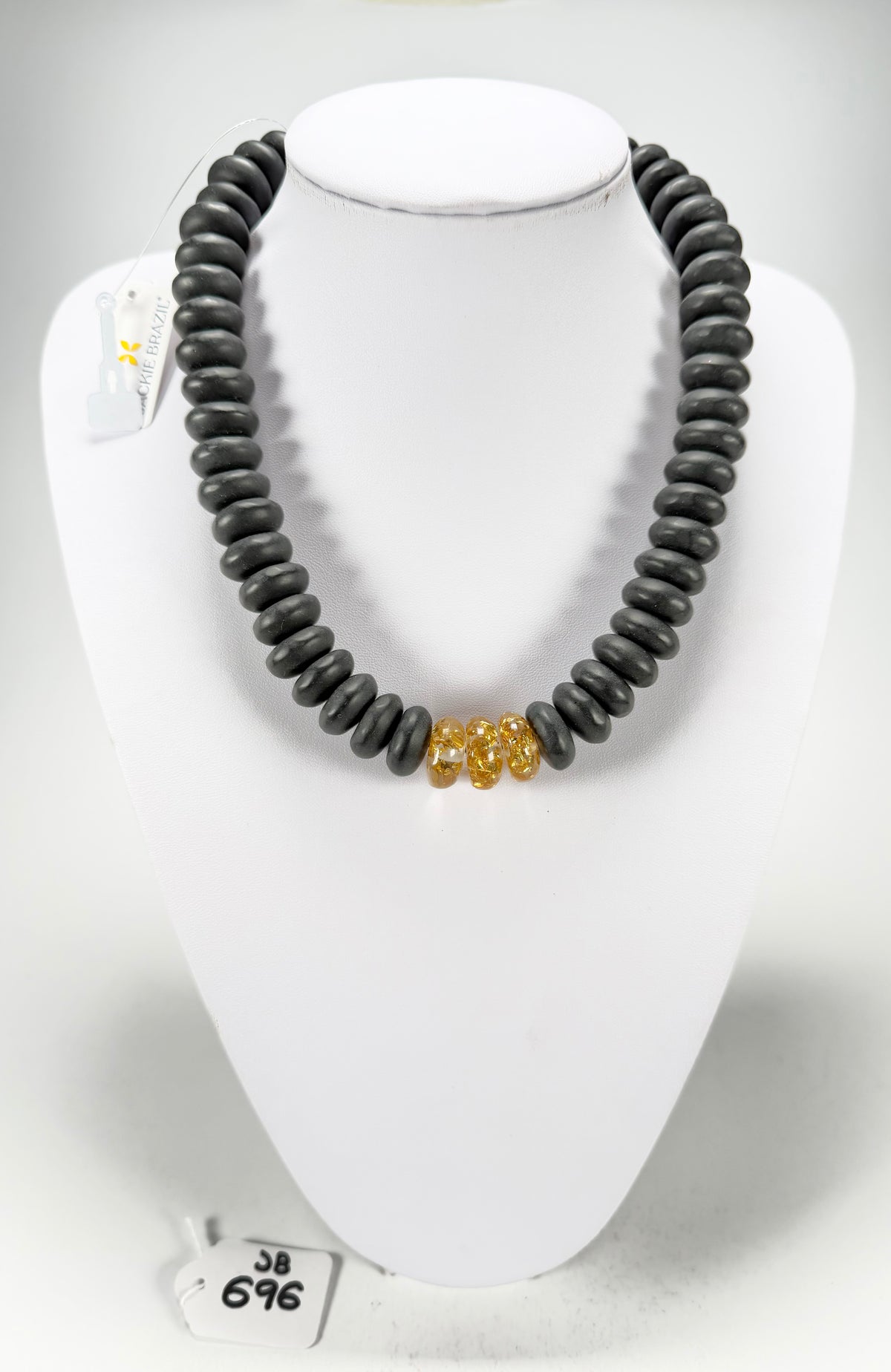 Jackie Brazil "Bela" Black Matt & Gold Flakes Resin Mini Wheels 50cm Necklace ( N0041 )