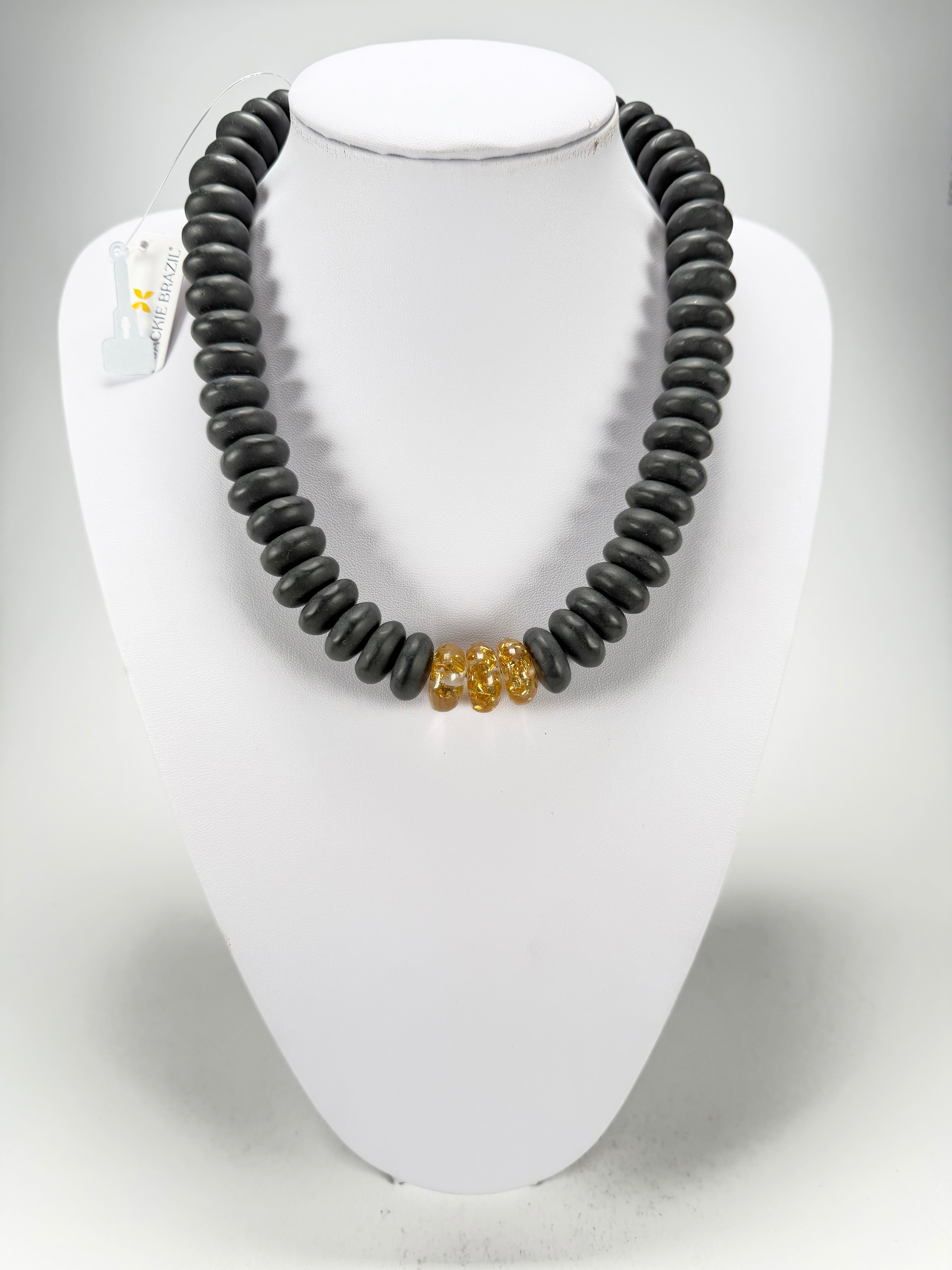Jackie Brazil "Bela" Black Matt & Gold Flakes Resin Mini Wheels 50cm Necklace ( N0041 )