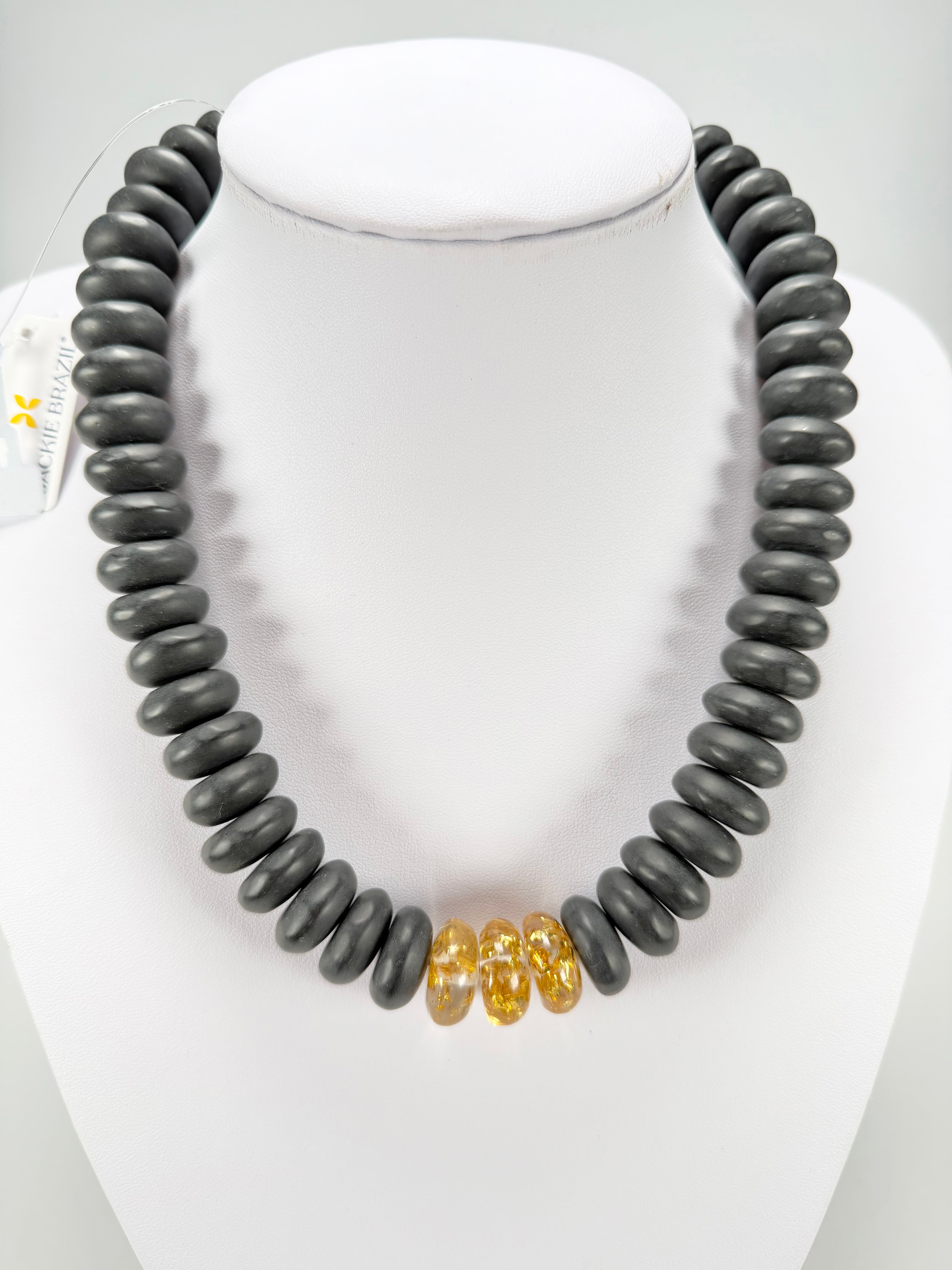 Jackie Brazil "Bela" Black Matt & Gold Flakes Resin Mini Wheels 50cm Necklace ( N0041 )