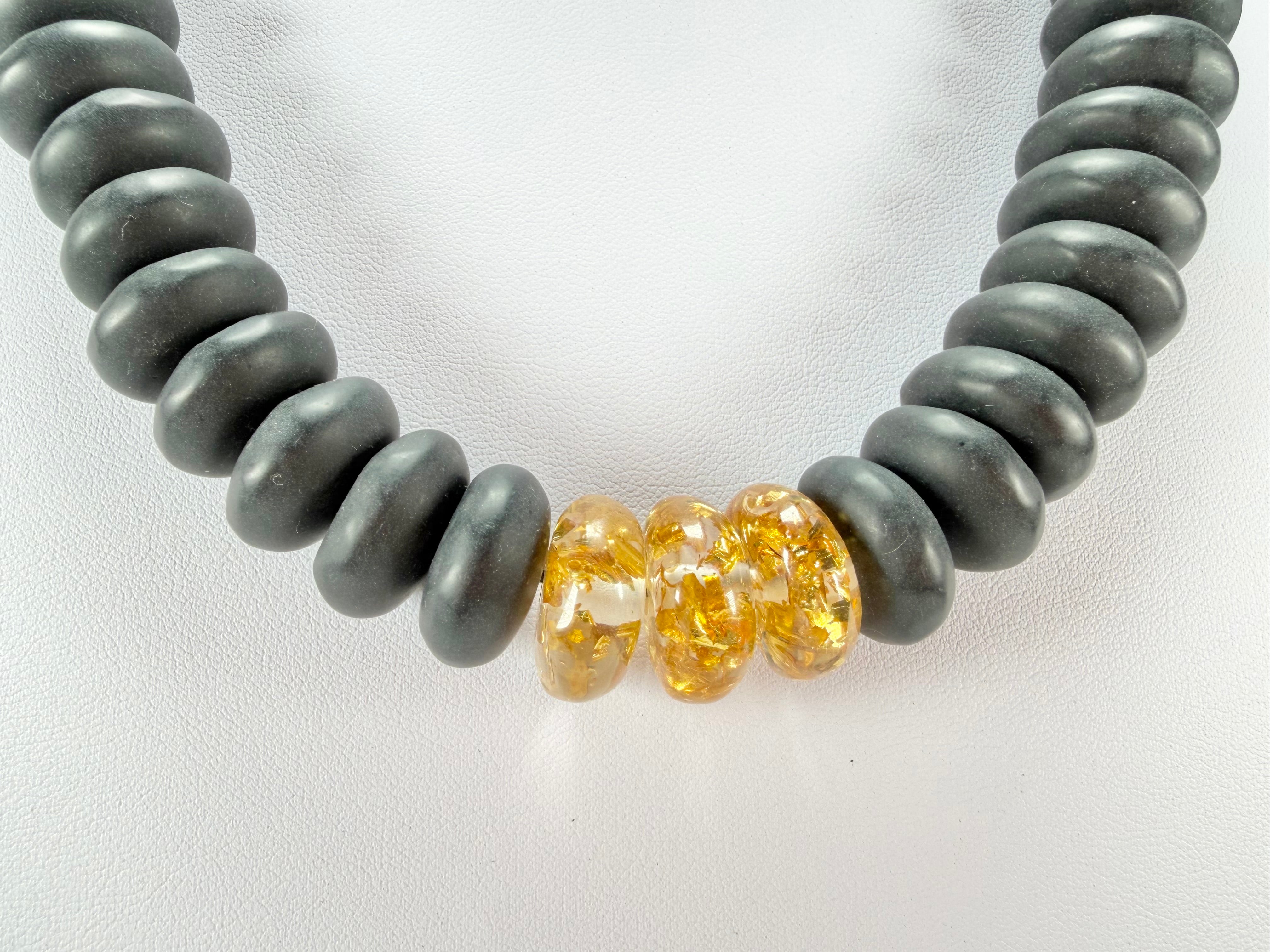 Jackie Brazil "Bela" Black Matt & Gold Flakes Resin Mini Wheels 50cm Necklace ( N0041 )