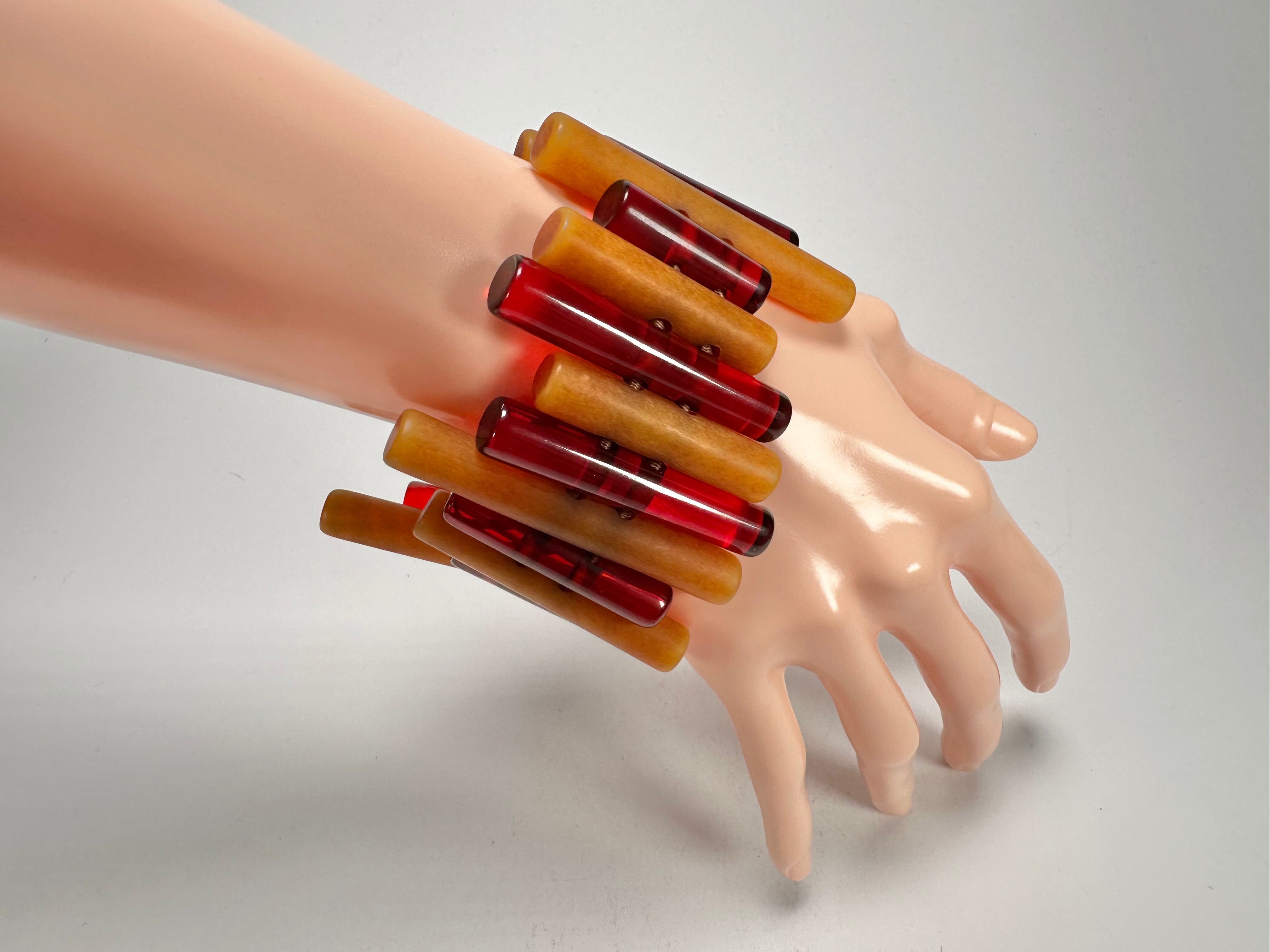 Jackie Brazil "Pipas" Thin Mix Tortoise & Prada Cylinders Resin Bracelet ( B2198 )