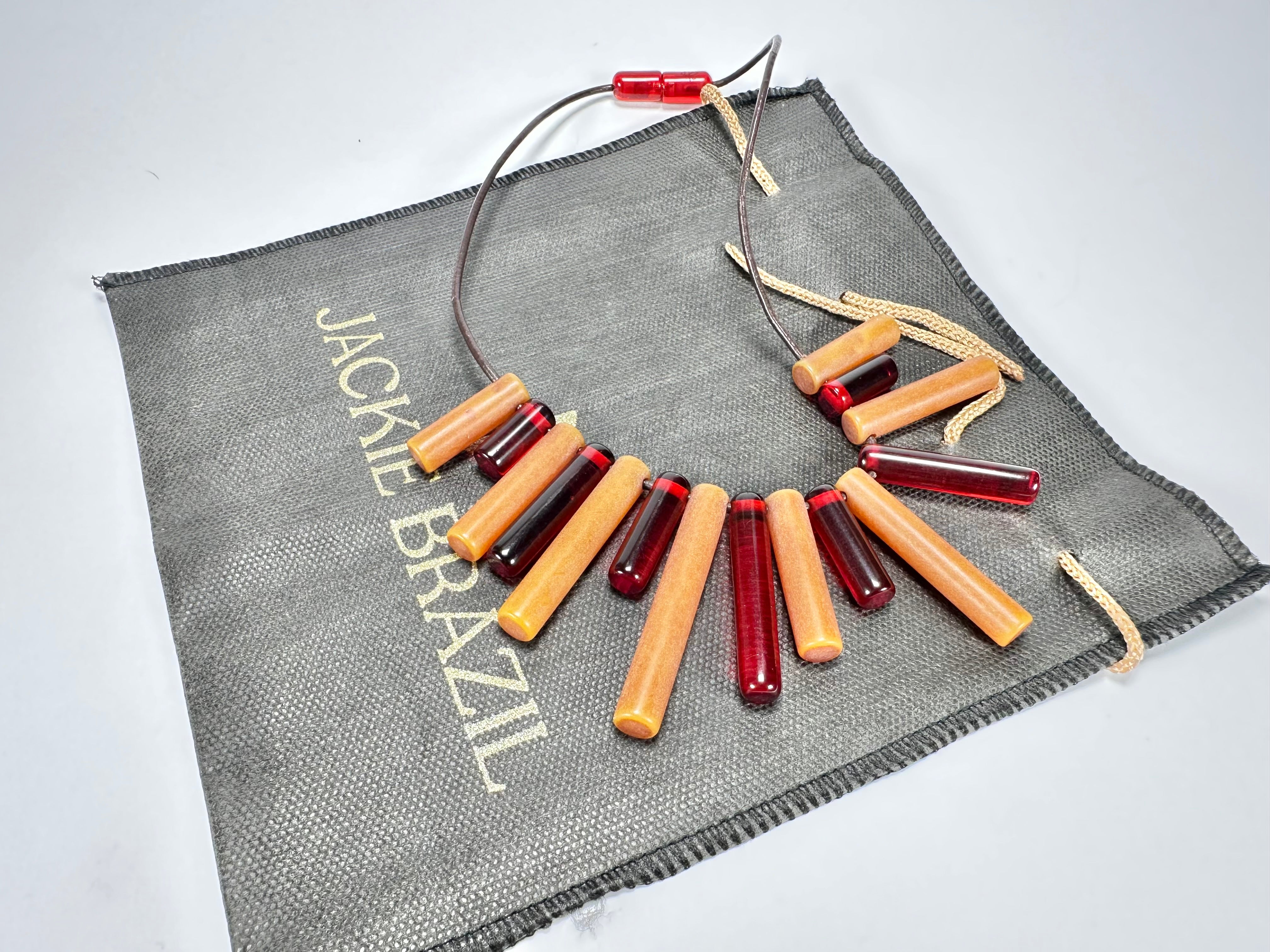 Jackie Brazil "Pipas" Thin Mix Tortoise & Prada Cylinders Necklace on Cord ( N2196 )