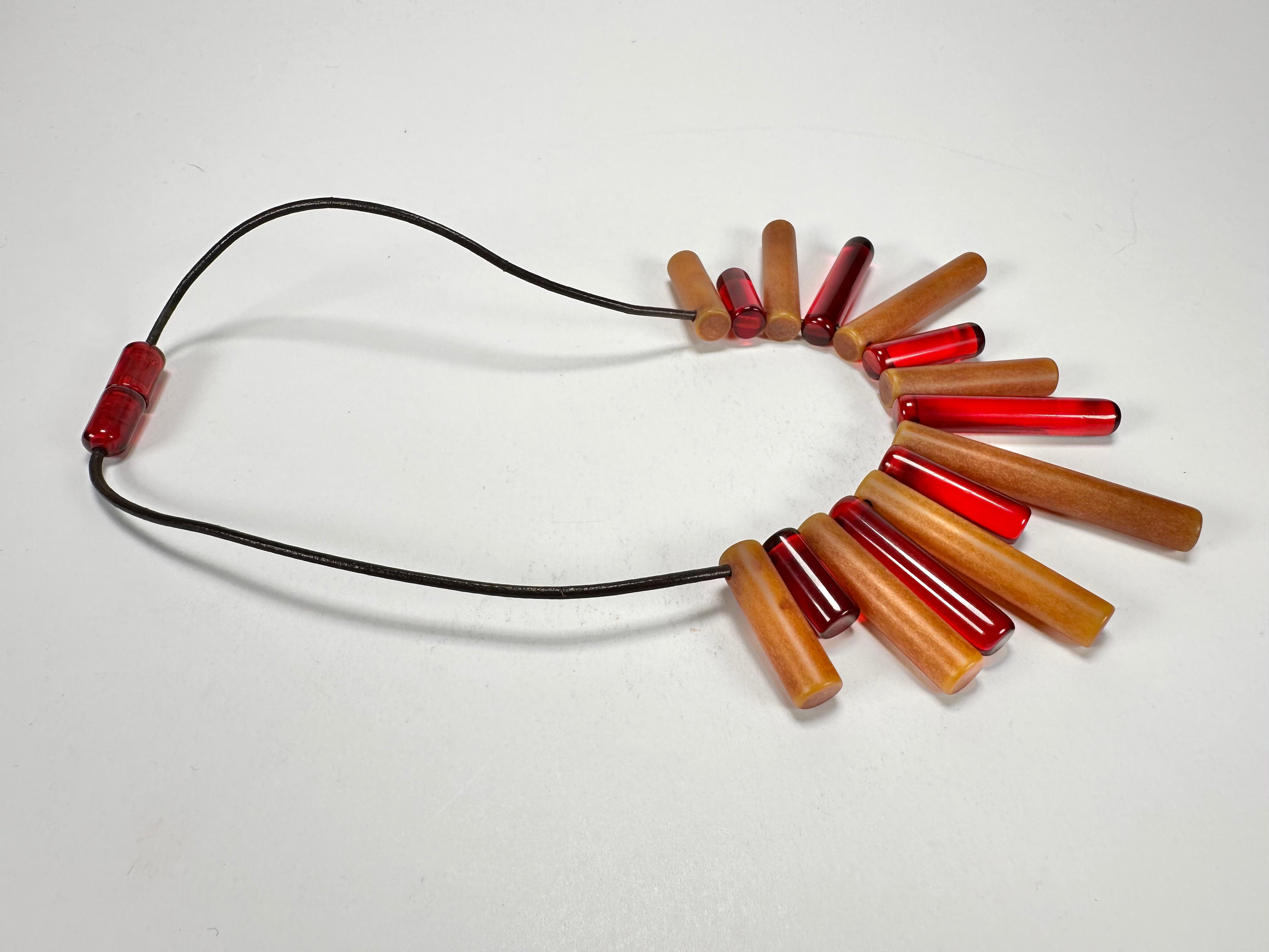 Jackie Brazil "Pipas" Thin Mix Tortoise & Prada Cylinders Necklace on Cord ( N2196 )