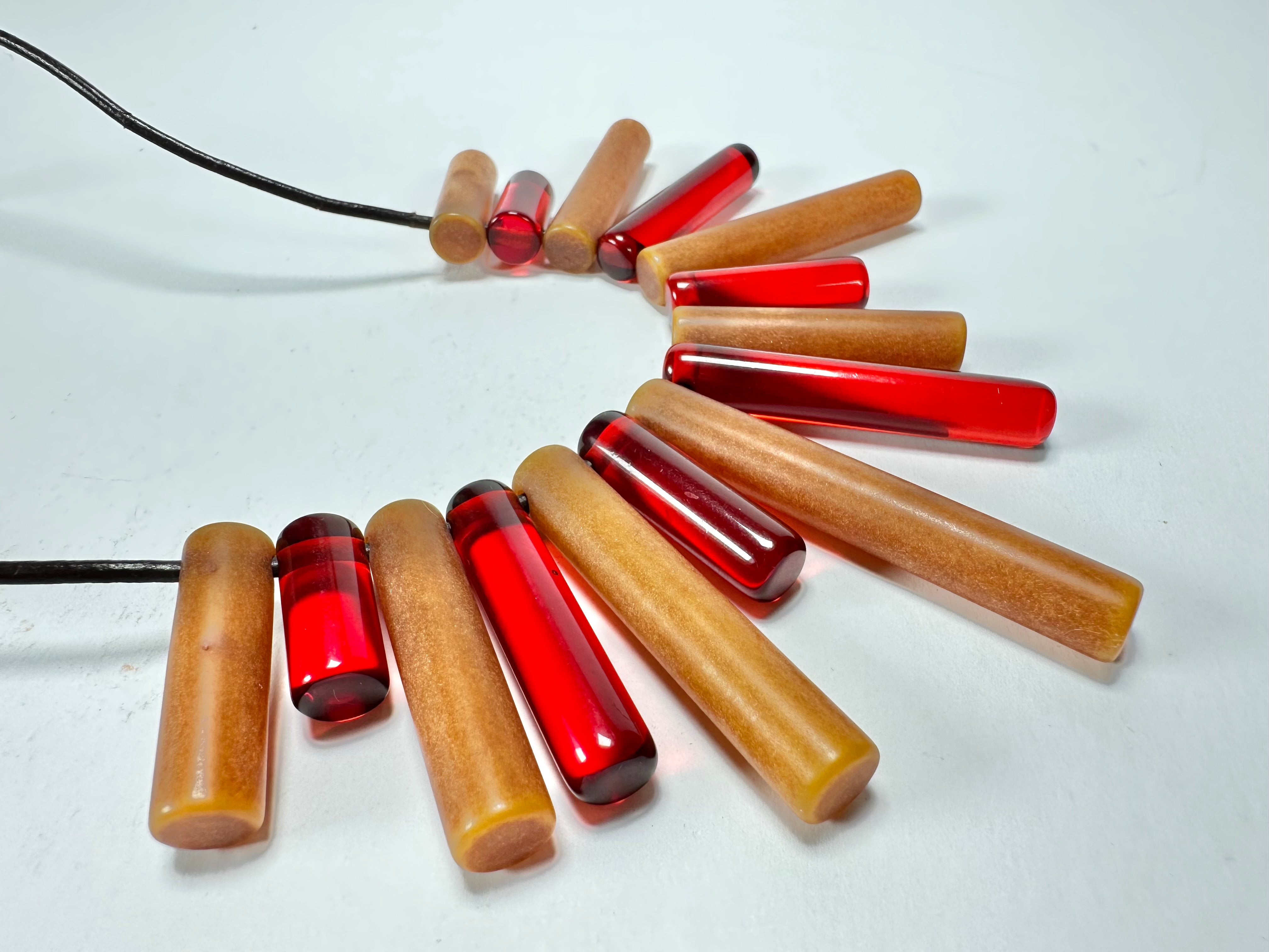 Jackie Brazil "Pipas" Thin Mix Tortoise & Prada Cylinders Necklace on Cord ( N2196 )