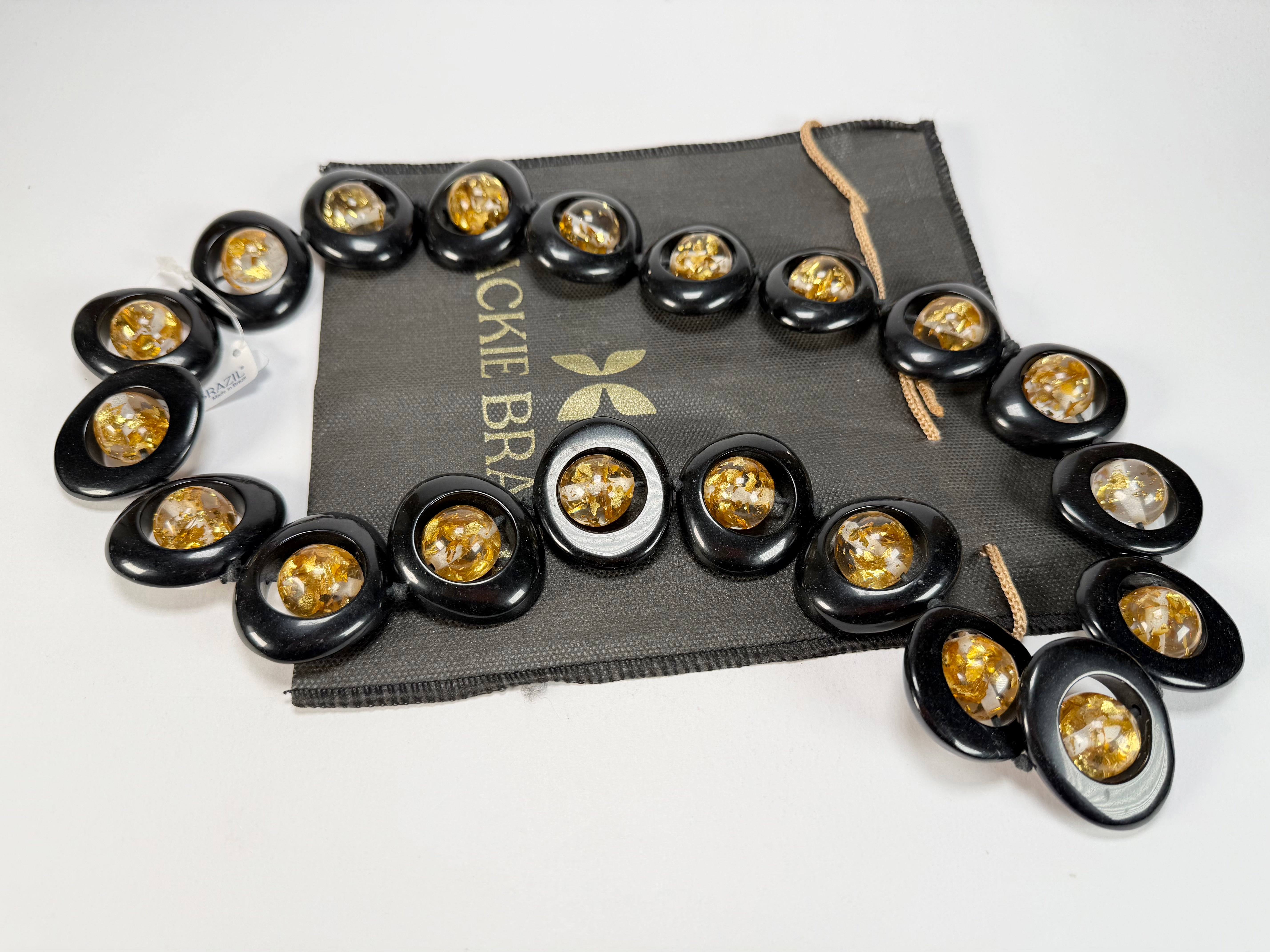 Jackie Brazil "Saturn" Black & Gold Flakes Disc & Ball Long 75cm Necklace ( N0052 )