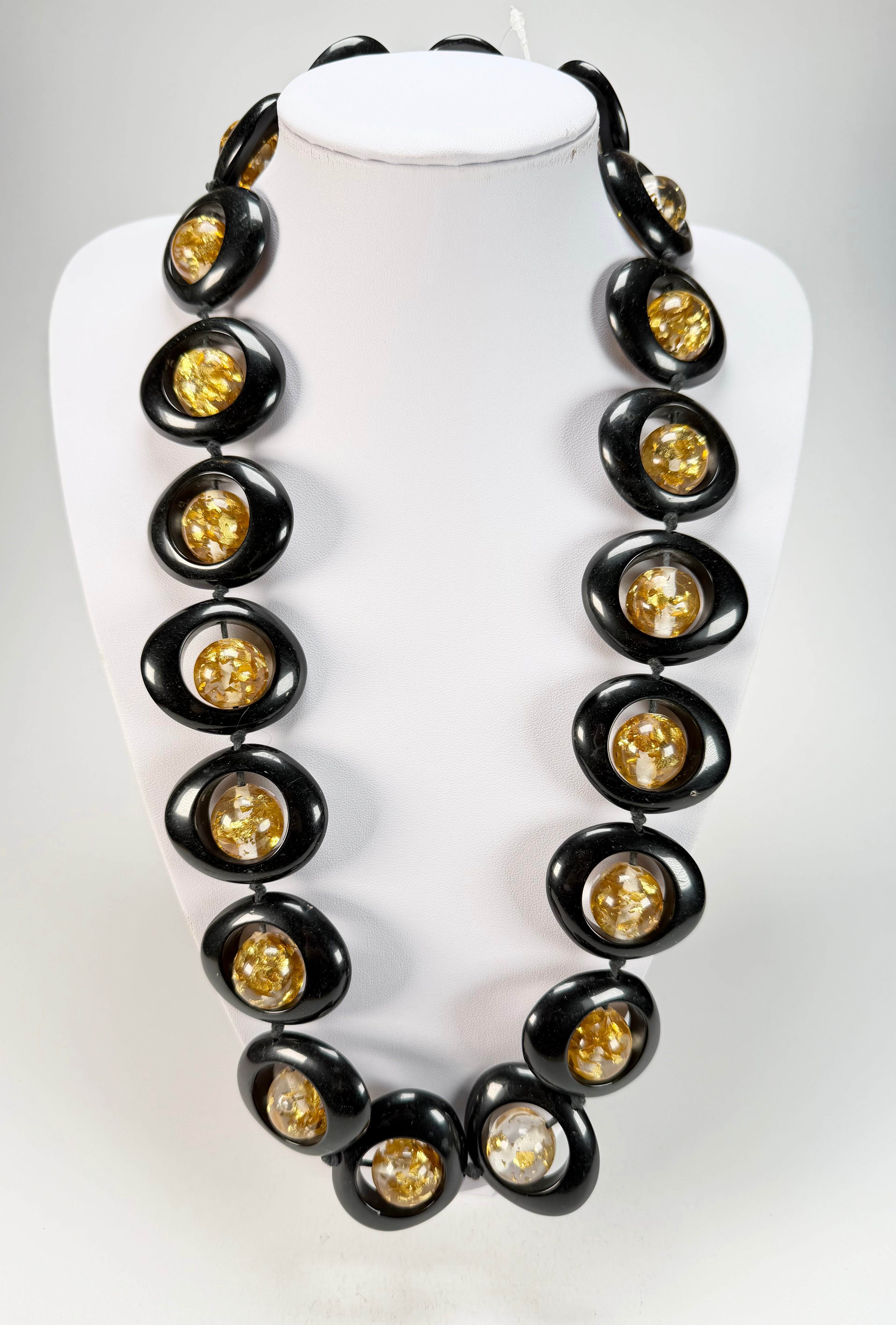 Jackie Brazil "Saturn" Black & Gold Flakes Disc & Ball Long 75cm Necklace ( N0052 )