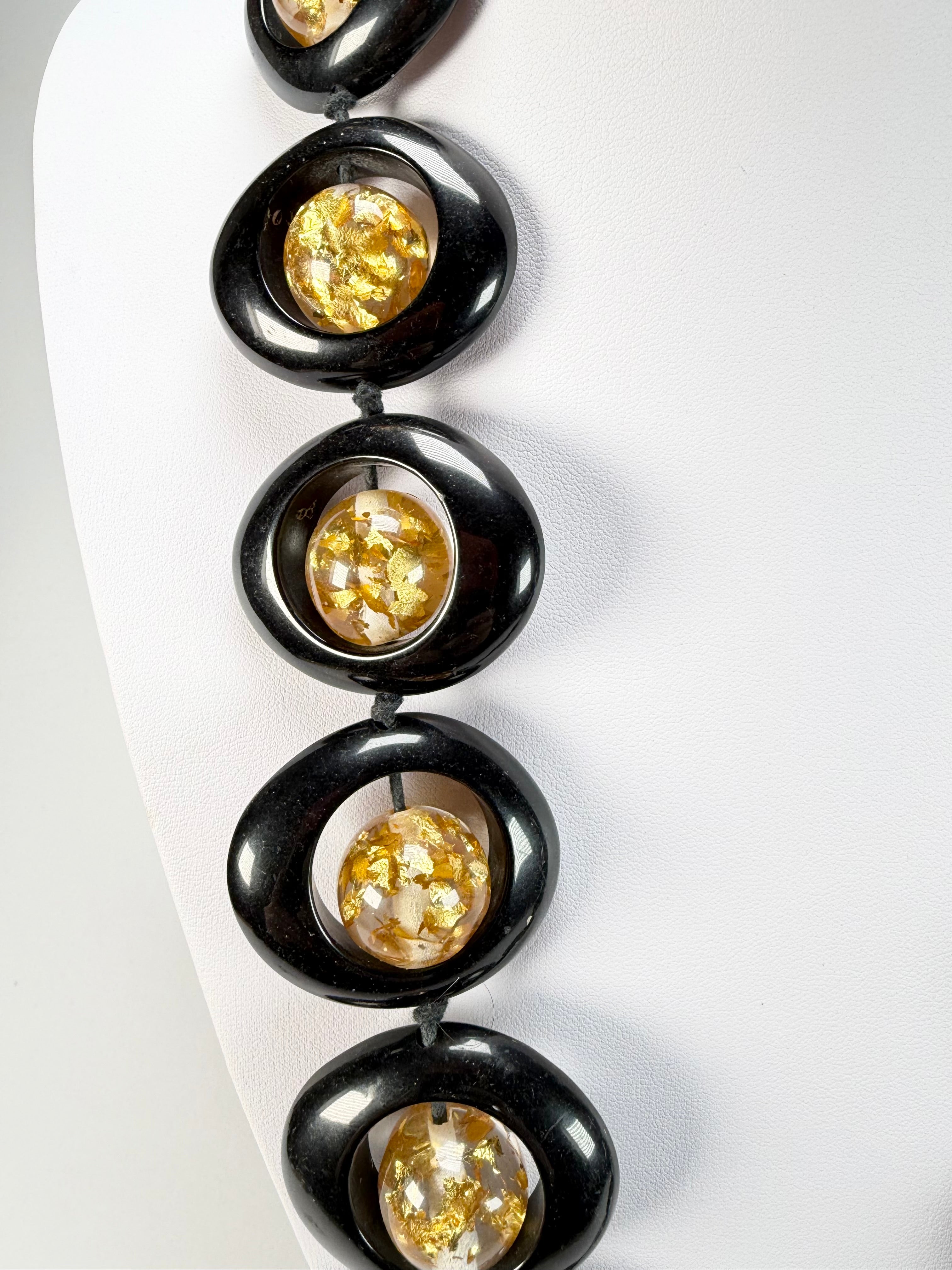 Jackie Brazil "Saturn" Black & Gold Flakes Disc & Ball Long 75cm Necklace ( N0052 )
