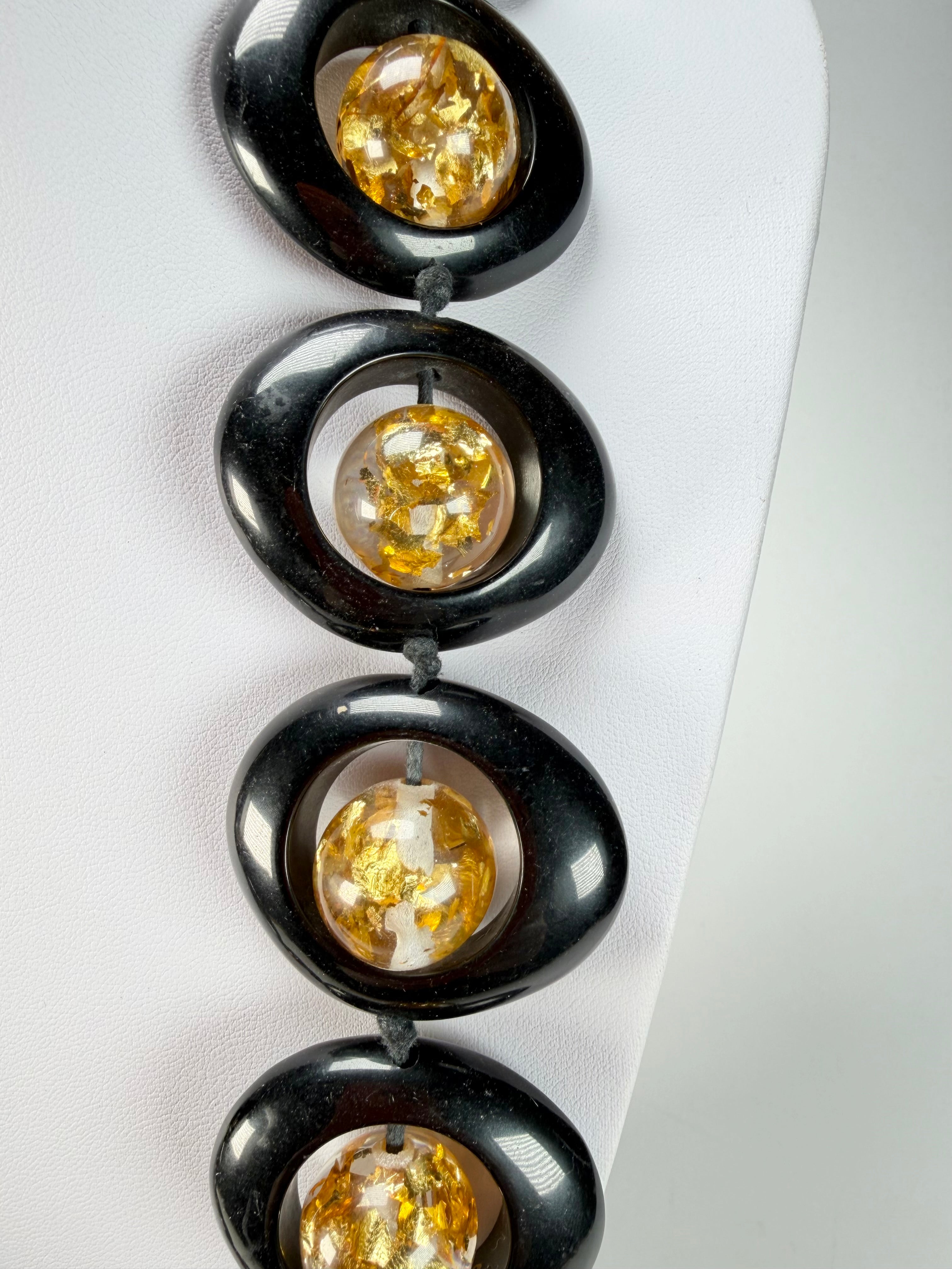 Jackie Brazil "Saturn" Black & Gold Flakes Disc & Ball Long 75cm Necklace ( N0052 )