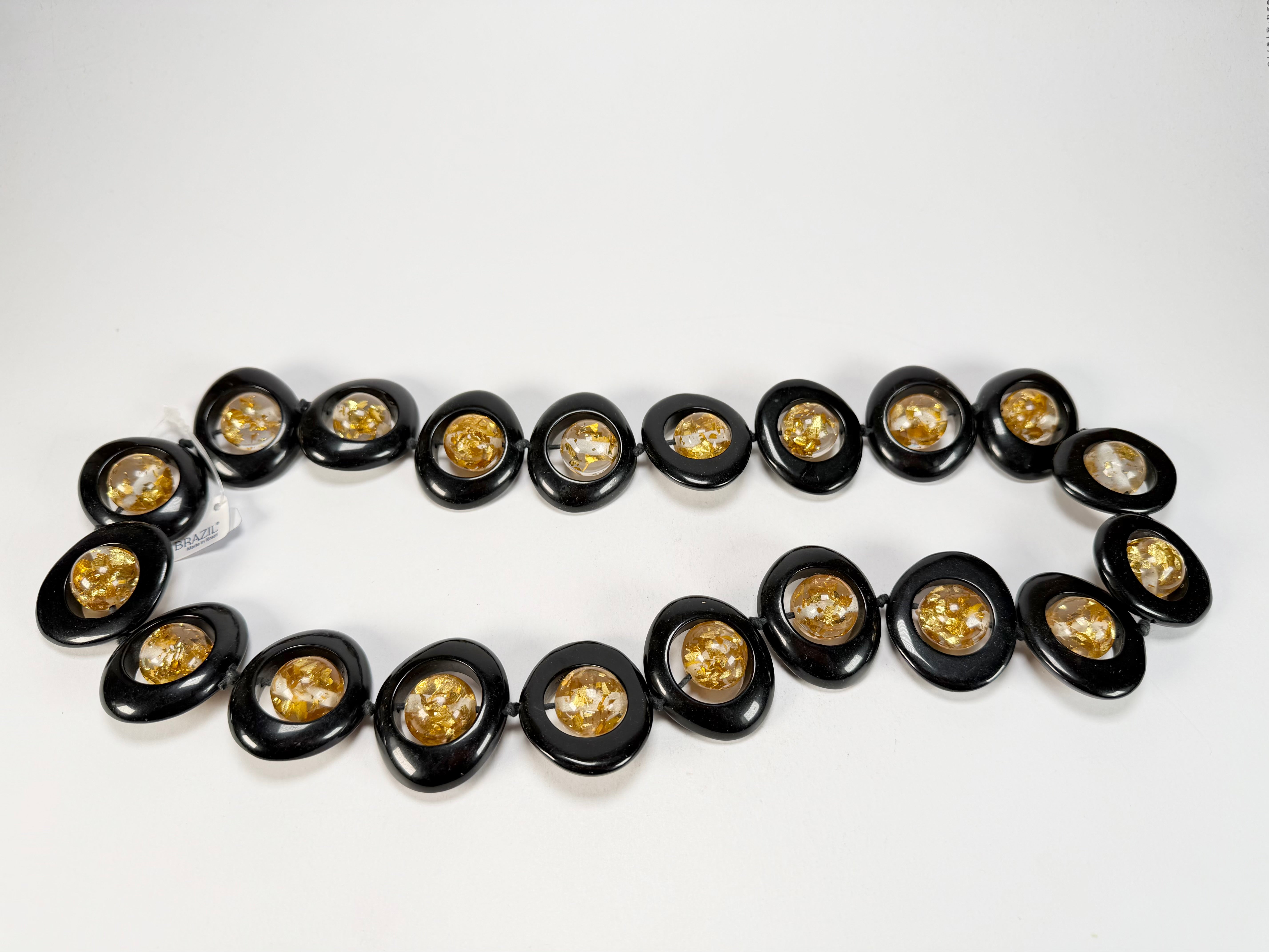 Jackie Brazil "Saturn" Black & Gold Flakes Disc & Ball Long 75cm Necklace ( N0052 )