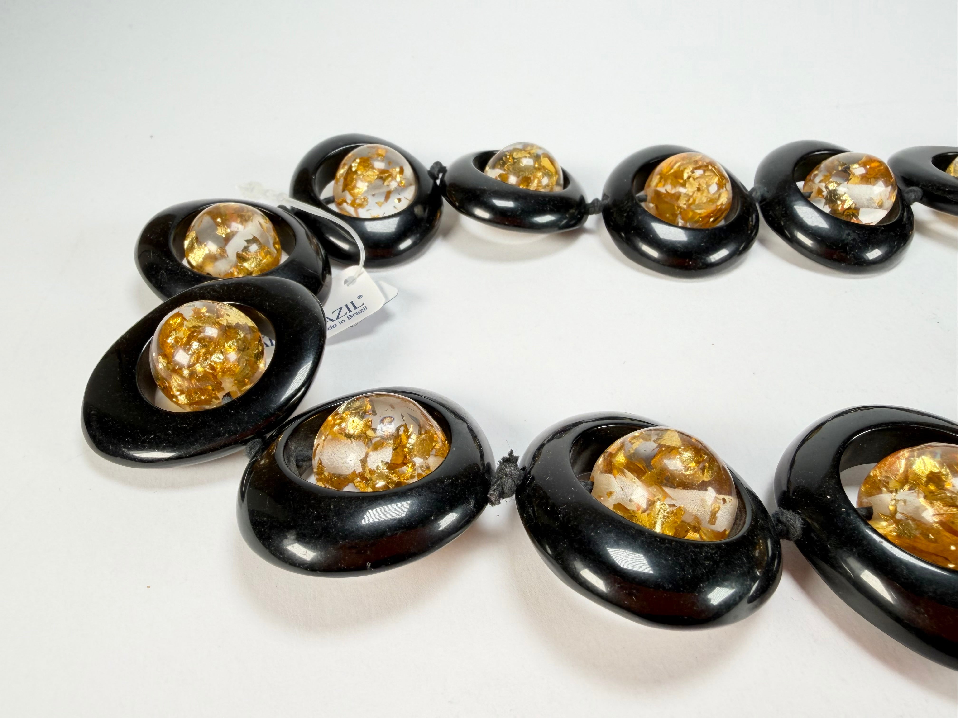 Jackie Brazil "Saturn" Black & Gold Flakes Disc & Ball Long 75cm Necklace ( N0052 )