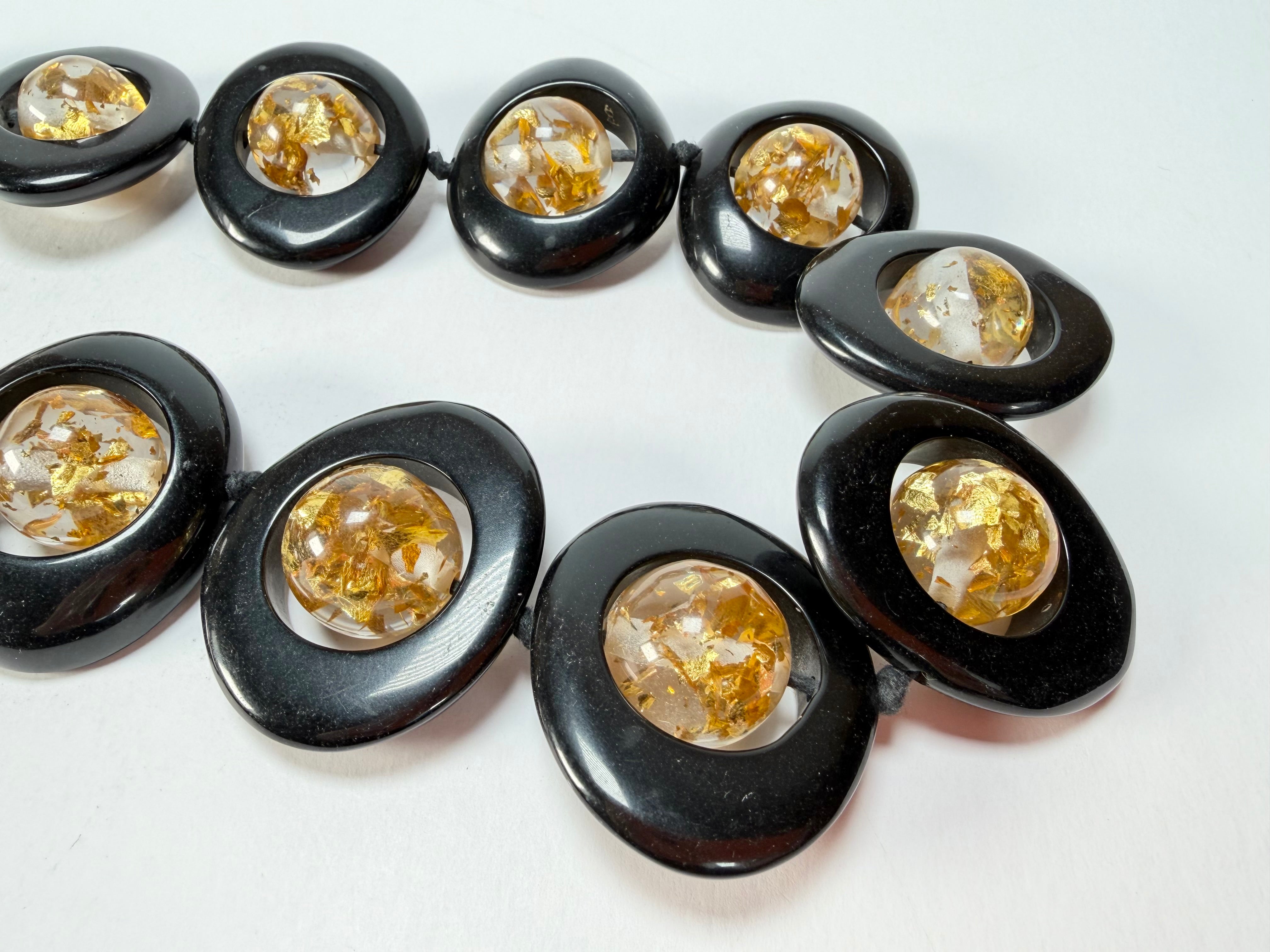 Jackie Brazil "Saturn" Black & Gold Flakes Disc & Ball Long 75cm Necklace ( N0052 )