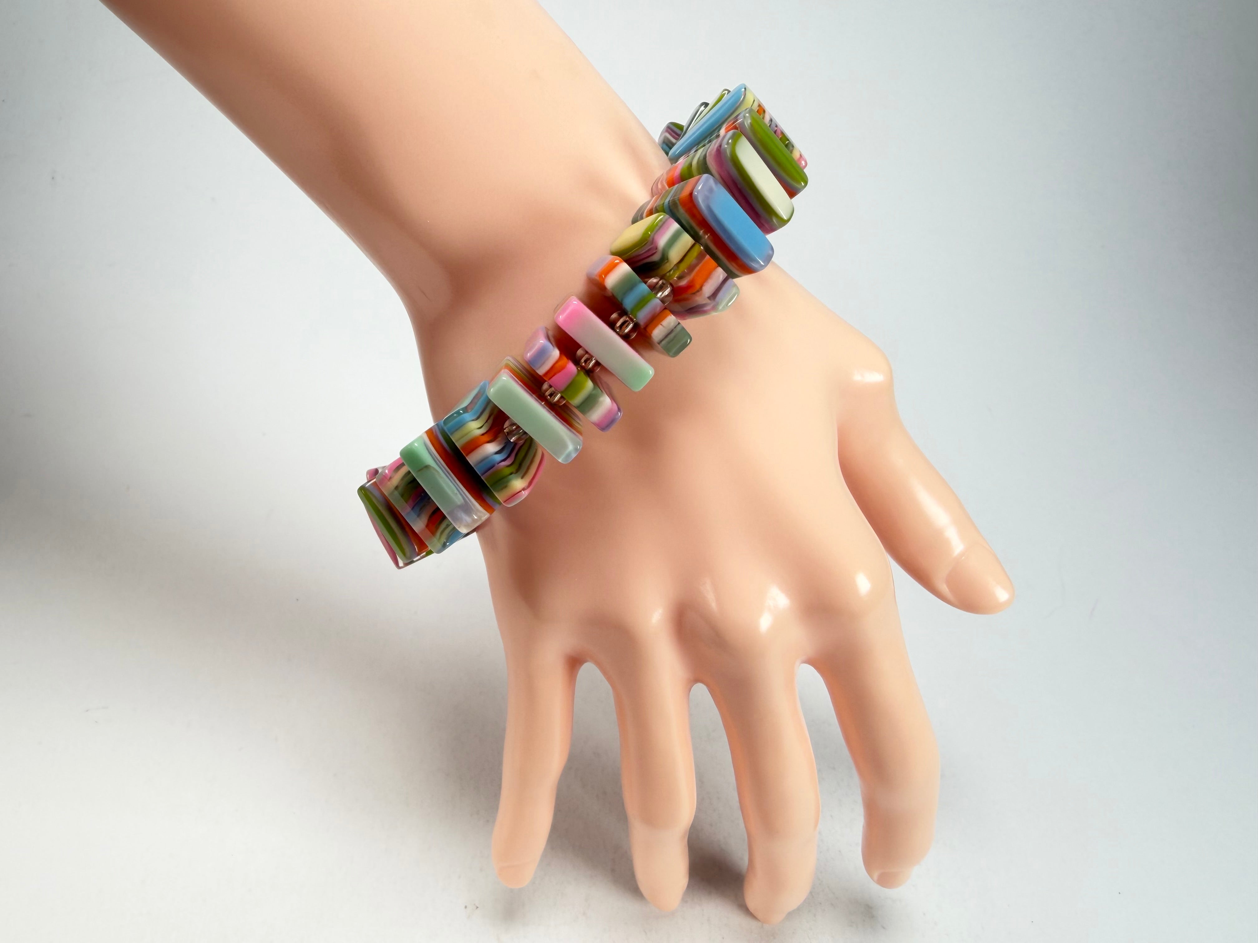 Jackie Brazil "Patricia" Liquorice Squares & Beads Spring Colour Resin Bracelet ( B0192 )