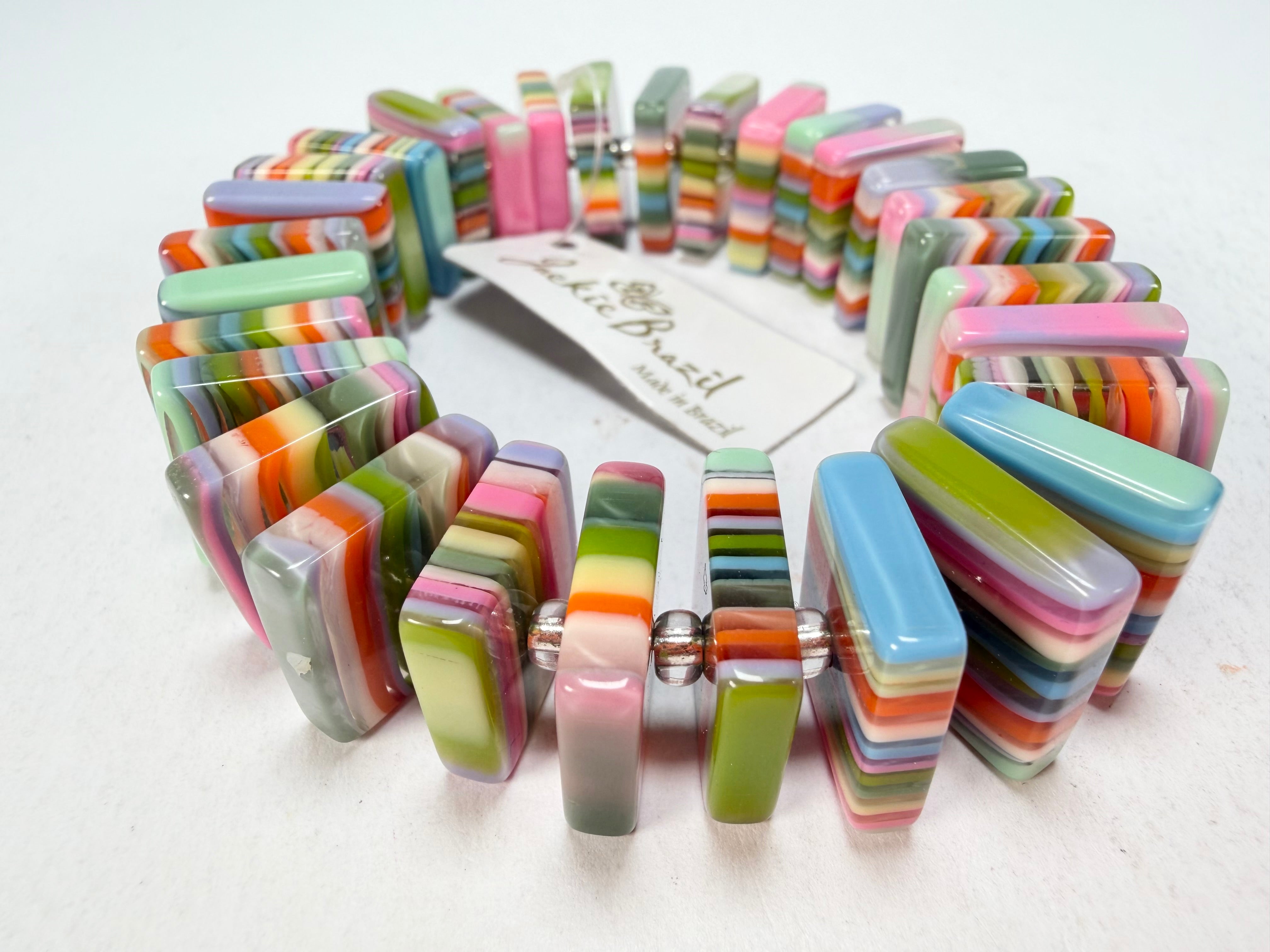 Jackie Brazil "Patricia" Liquorice Squares & Beads Spring Colour Resin Bracelet ( B0192 )
