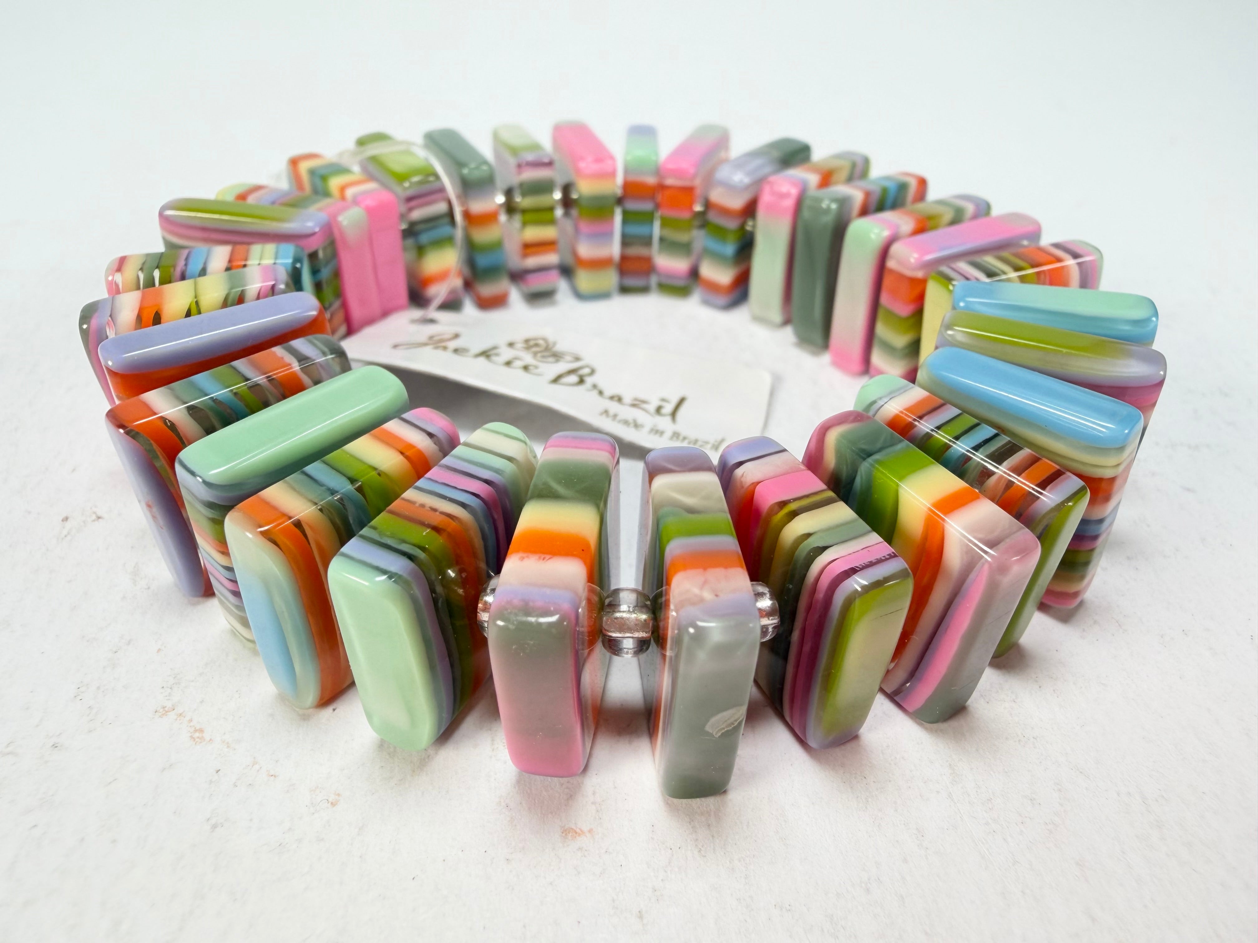 Jackie Brazil "Patricia" Liquorice Squares & Beads Spring Colour Resin Bracelet ( B0192 )