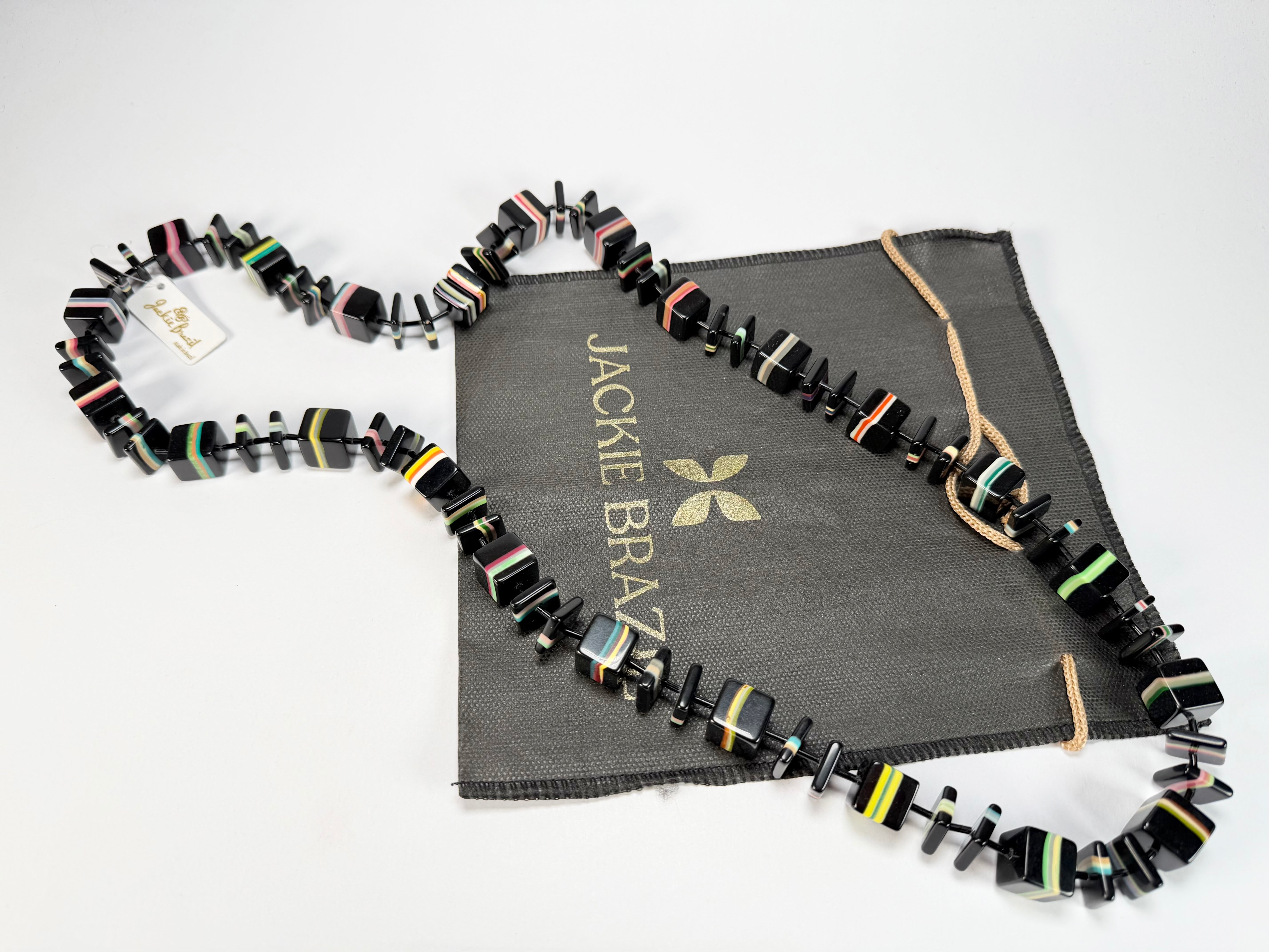 Jackie Brazil "Bar Code" Black & Liquorice Mix Squares 110cm Resin Necklace ( N2200 )