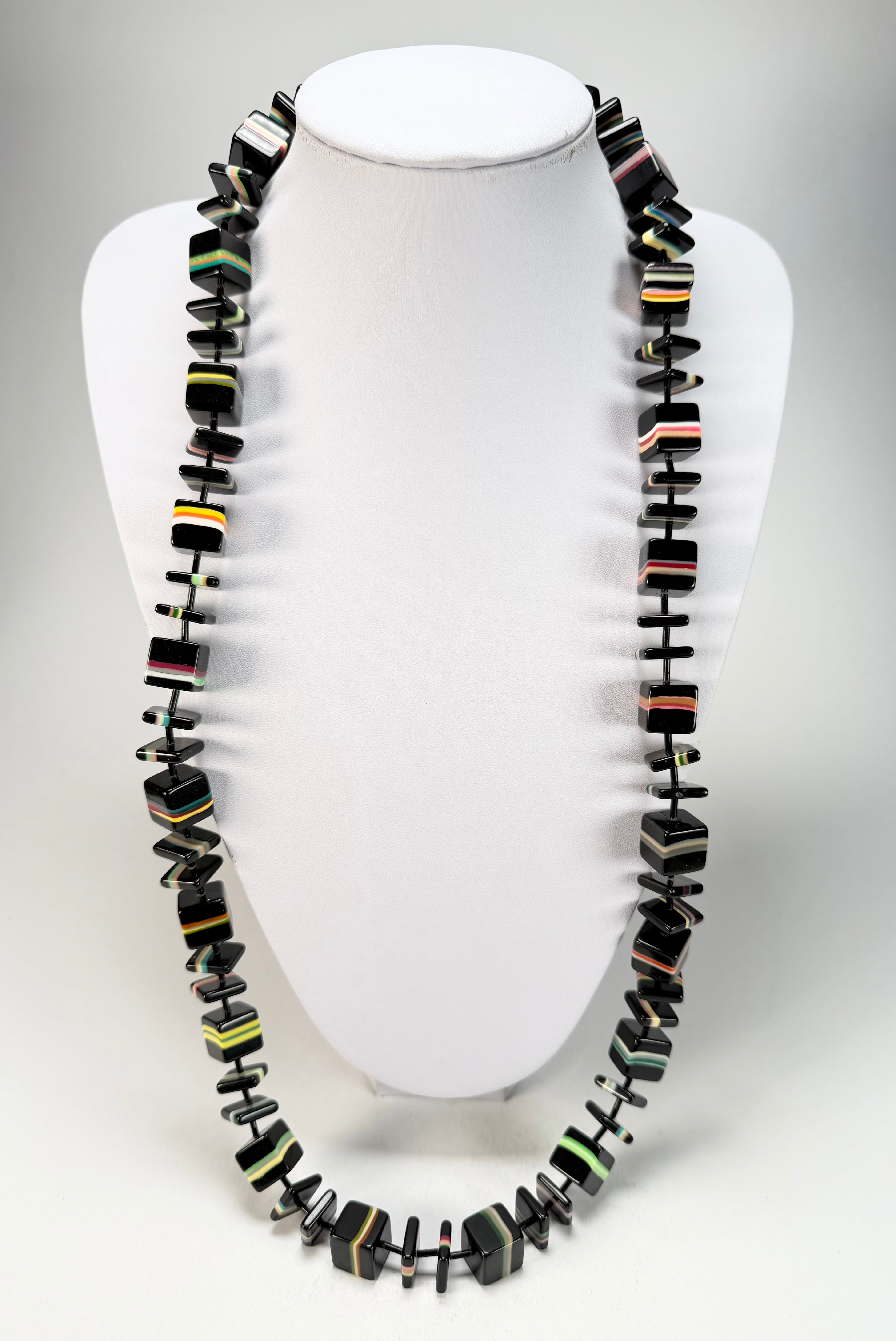 Jackie Brazil "Bar Code" Black & Liquorice Mix Squares 110cm Resin Necklace ( N2200 )