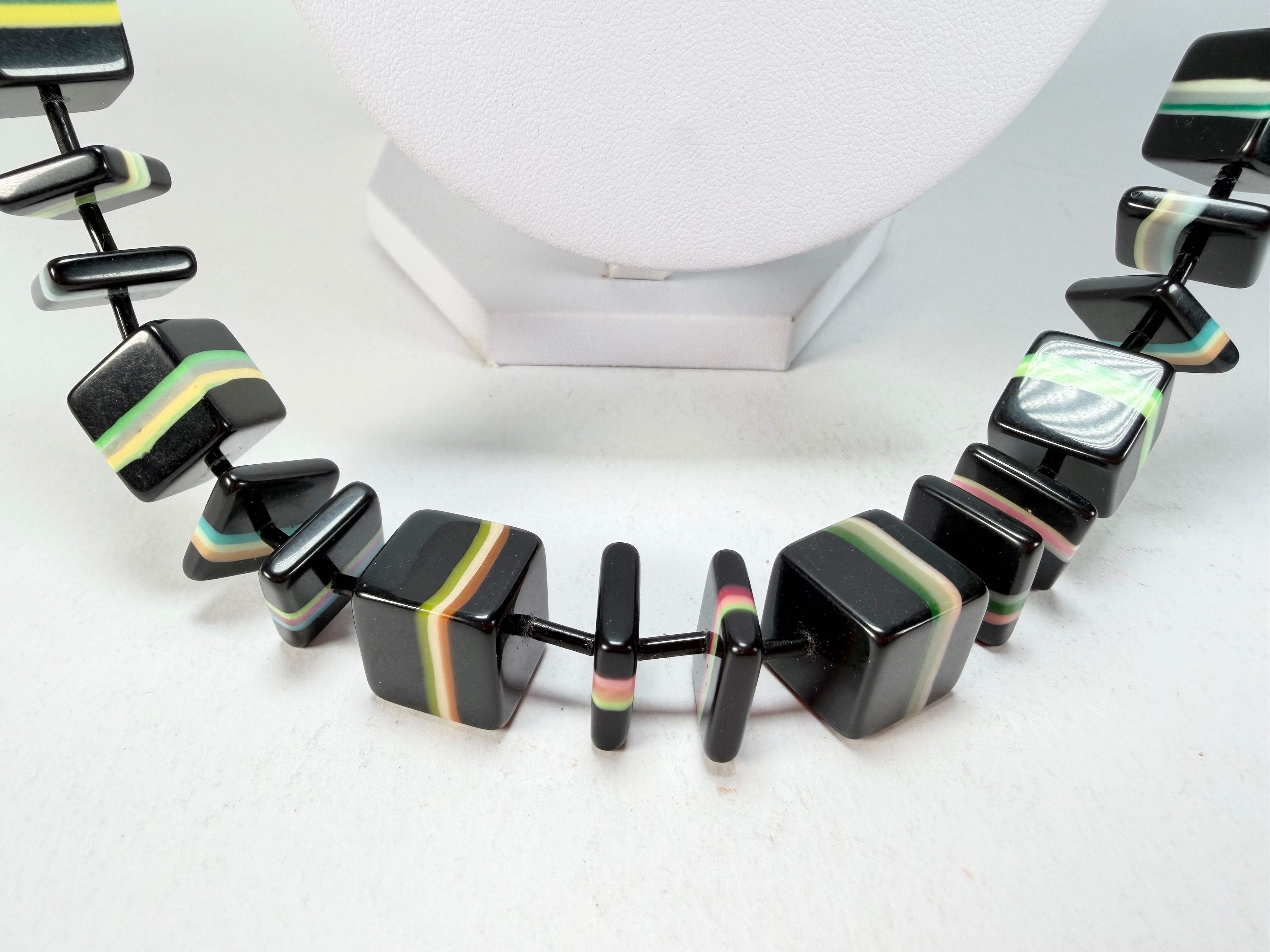 Jackie Brazil "Bar Code" Black & Liquorice Mix Squares 110cm Resin Necklace ( N2200 )