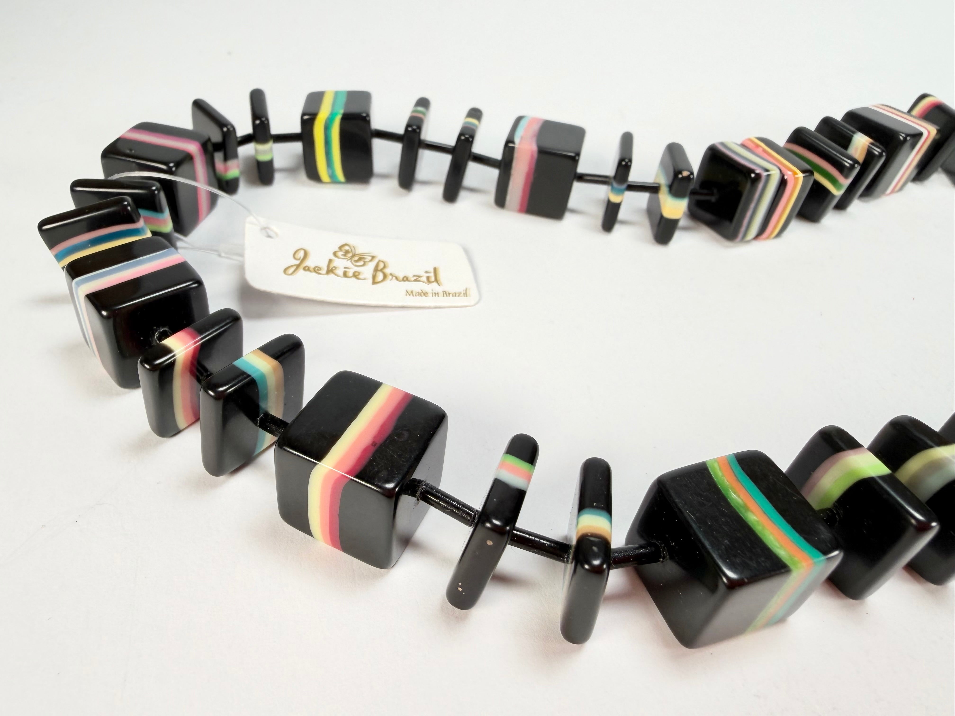 Jackie Brazil "Bar Code" Black & Liquorice Mix Squares 110cm Resin Necklace ( N2200 )