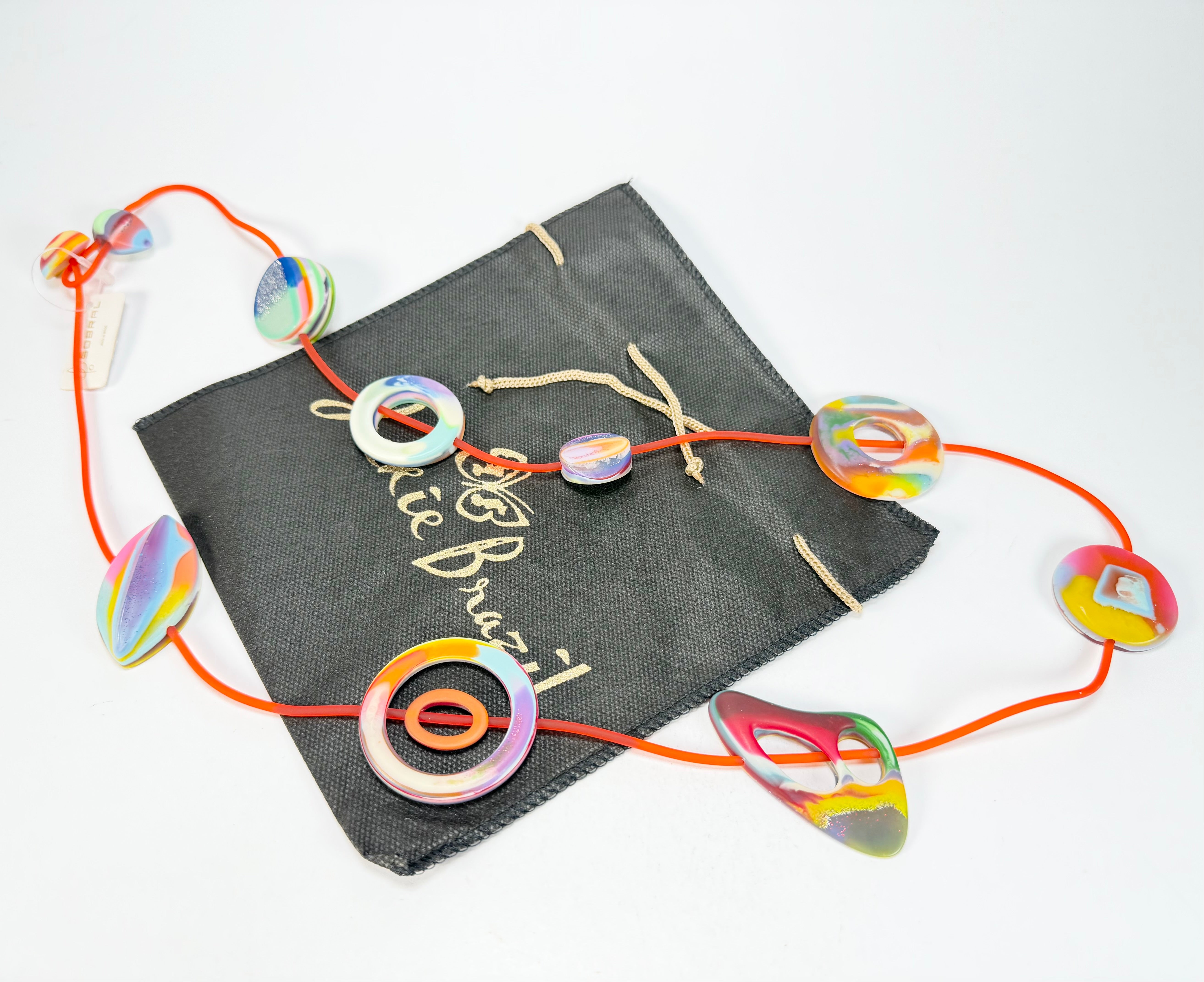 Jackie Brazil "Cool" Kandinsky Tropicalia Resin Necklace on Rubber Cord ( N2361 )