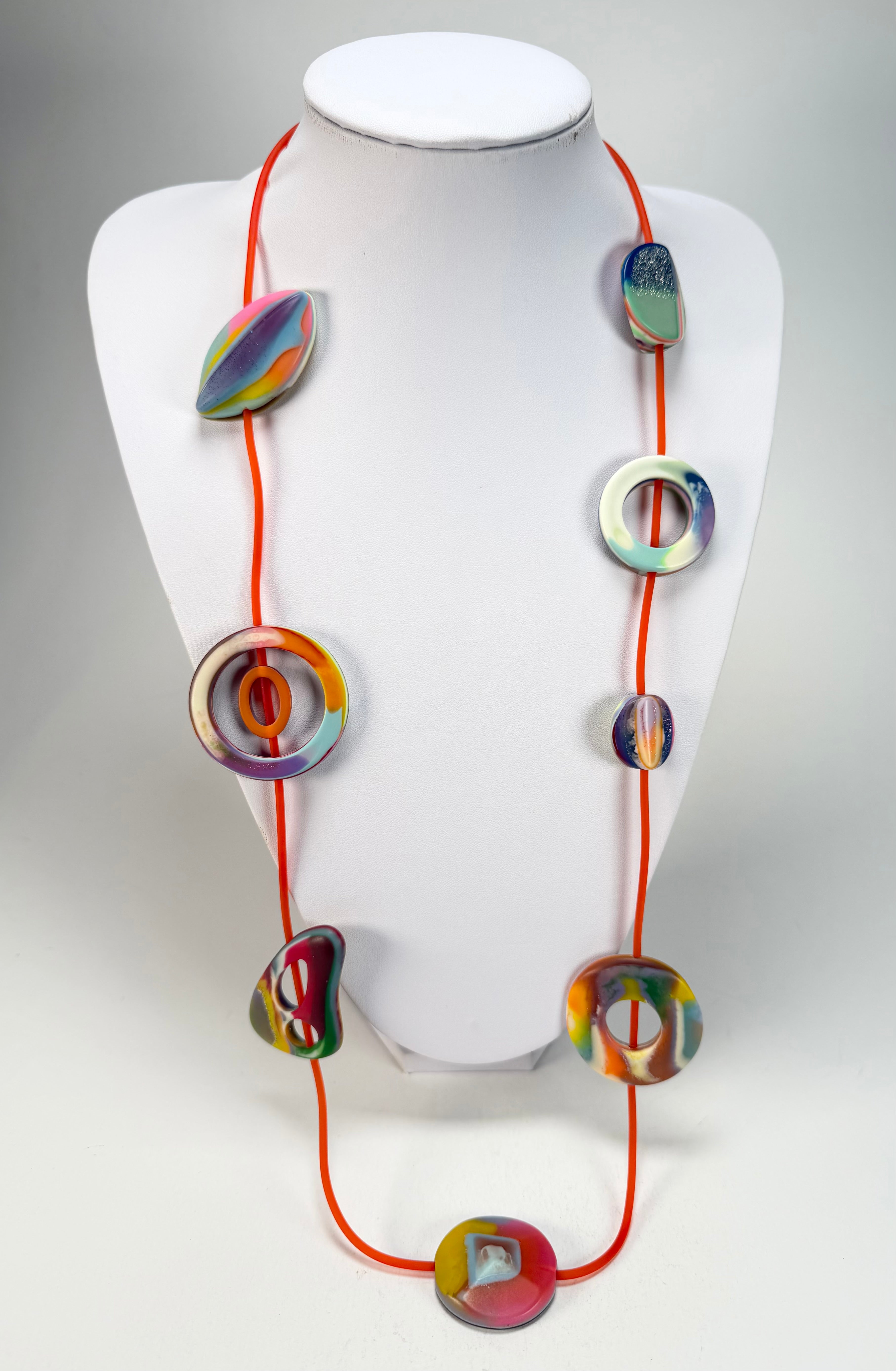 Jackie Brazil "Cool" Kandinsky Tropicalia Resin Necklace on Rubber Cord ( N2361 )