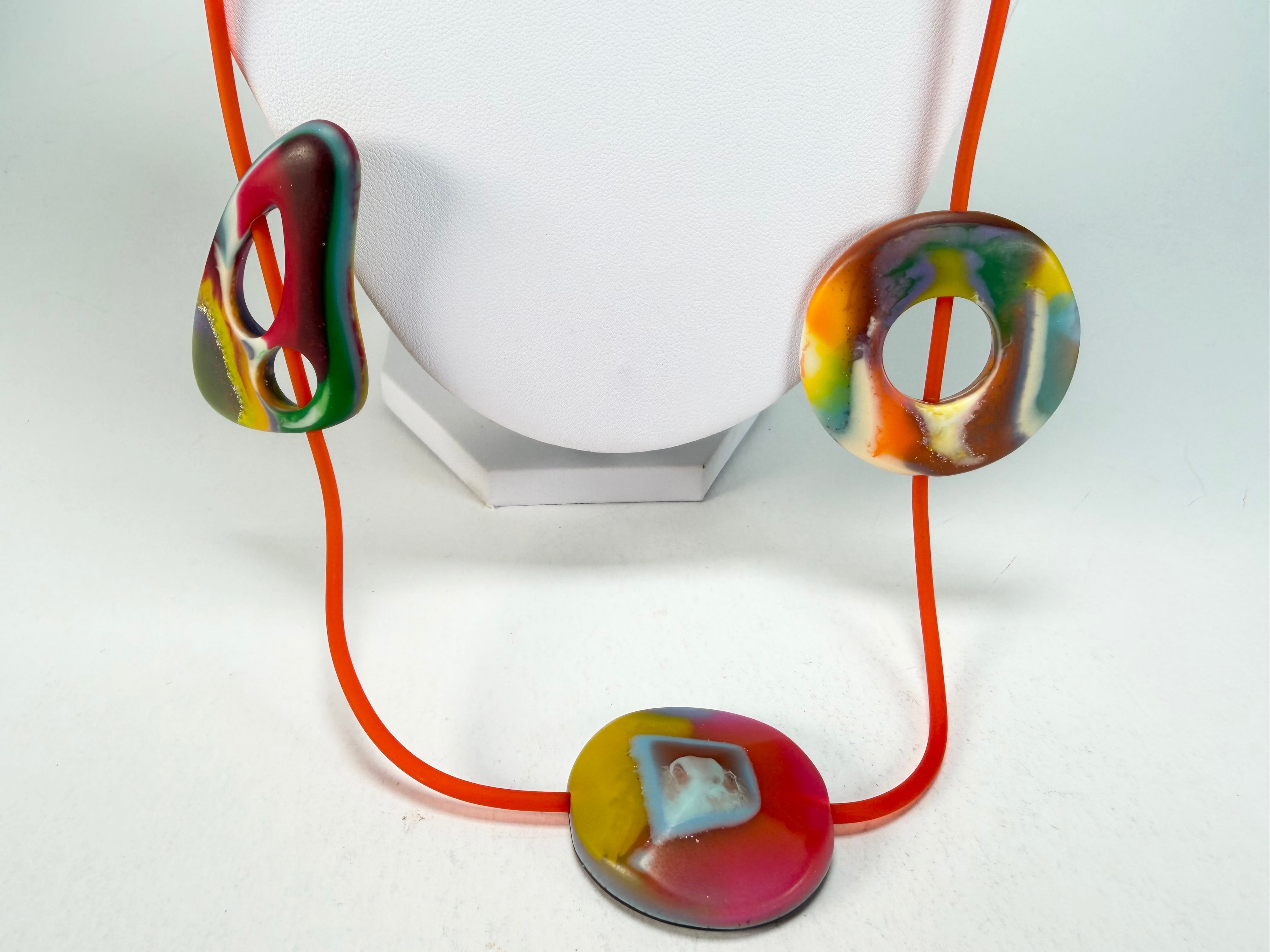 Jackie Brazil "Cool" Kandinsky Tropicalia Resin Necklace on Rubber Cord ( N2361 )